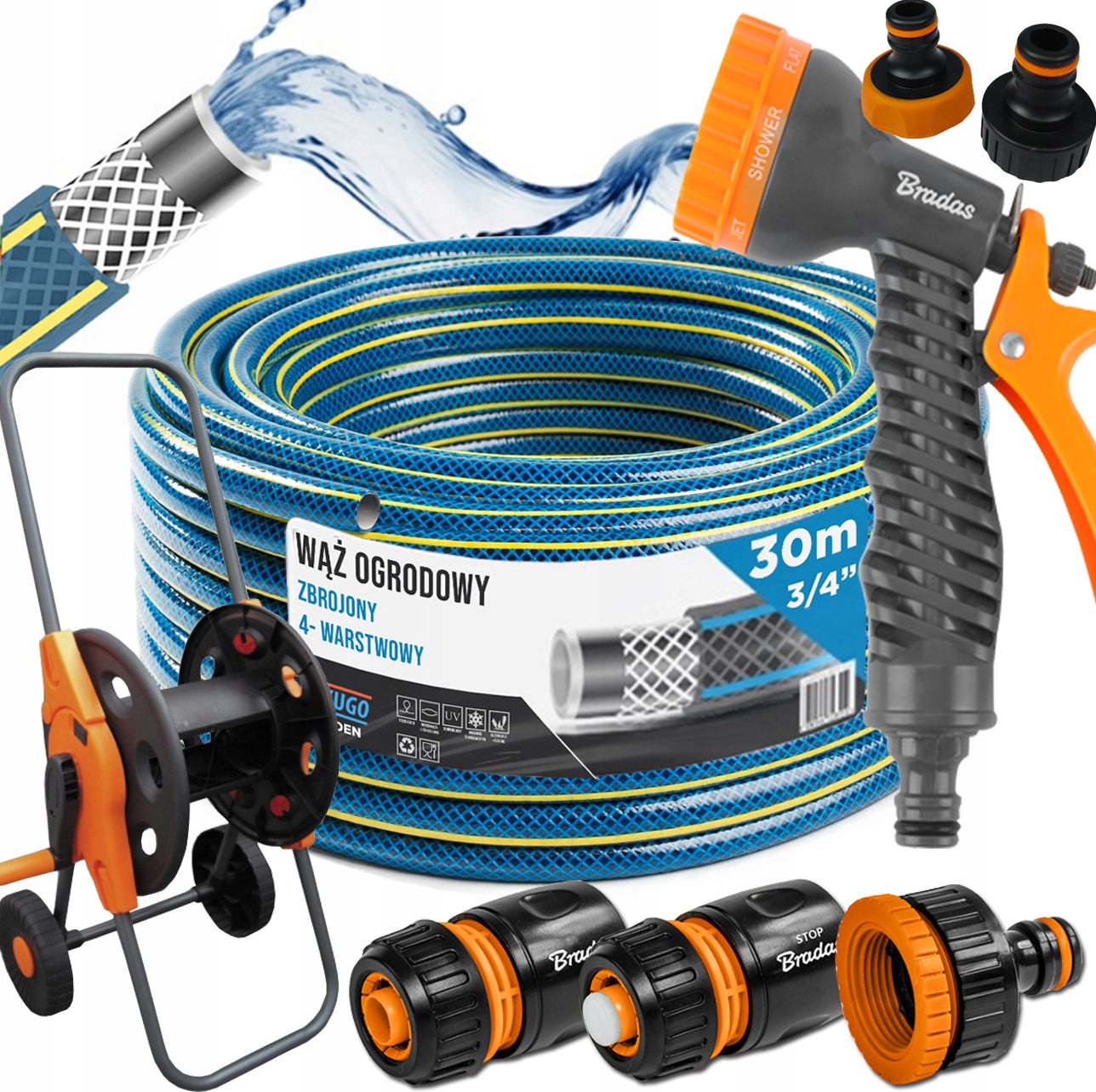 Hadice 3/4" 30 m 4 Vrstvy Pistole Vozík Set Bradas