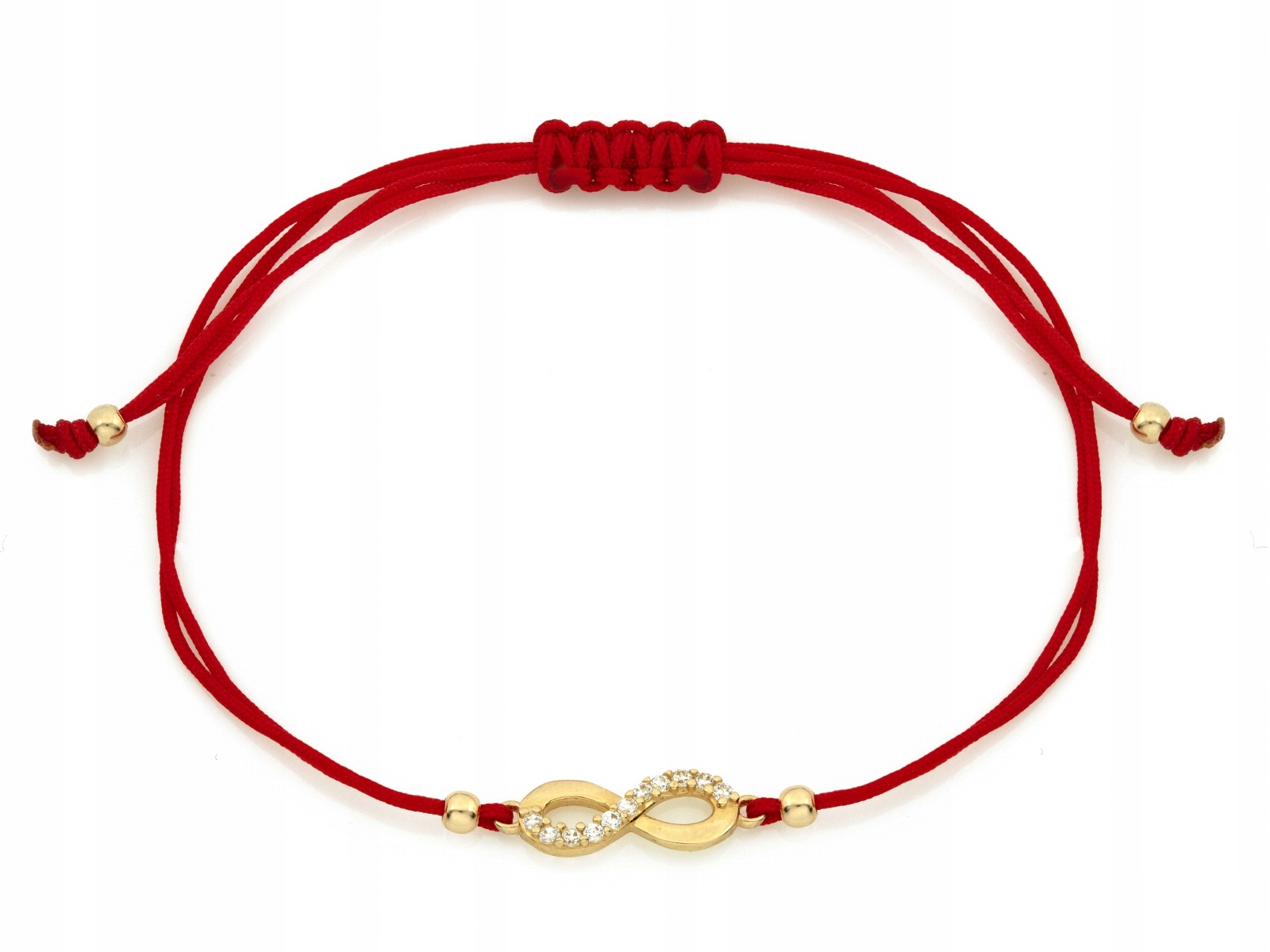 Zlatý náramek 585 nekonečno s zirkony na červeném provázku