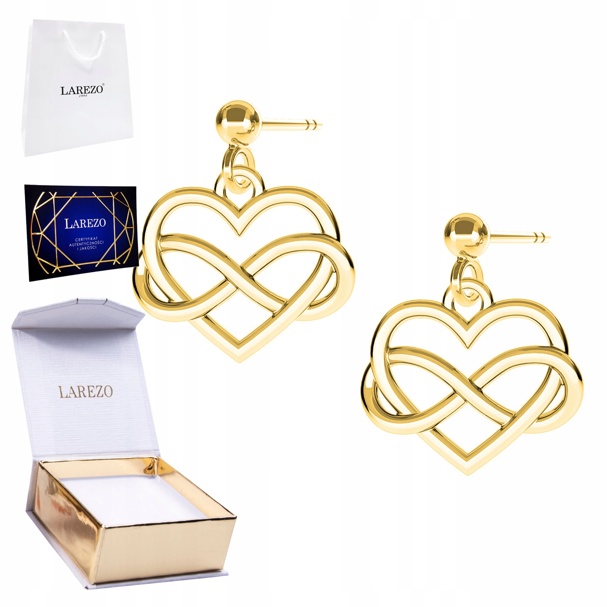 Zlaté Náušnice 925 s nekonečnem Srdcem Láska Srdce Nekonečno 24K