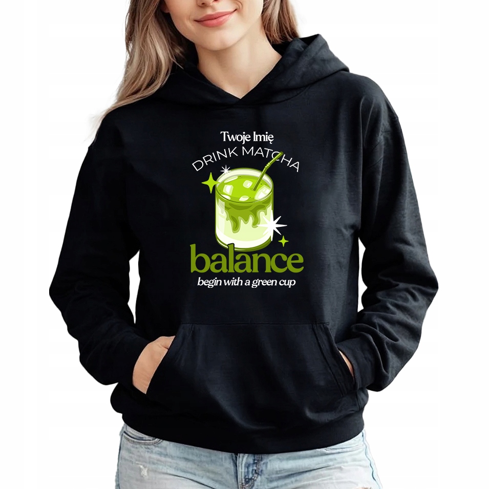 Mikina Hoodie Černá Módní pro milovnici Matchy Drink Matcha Jméno M