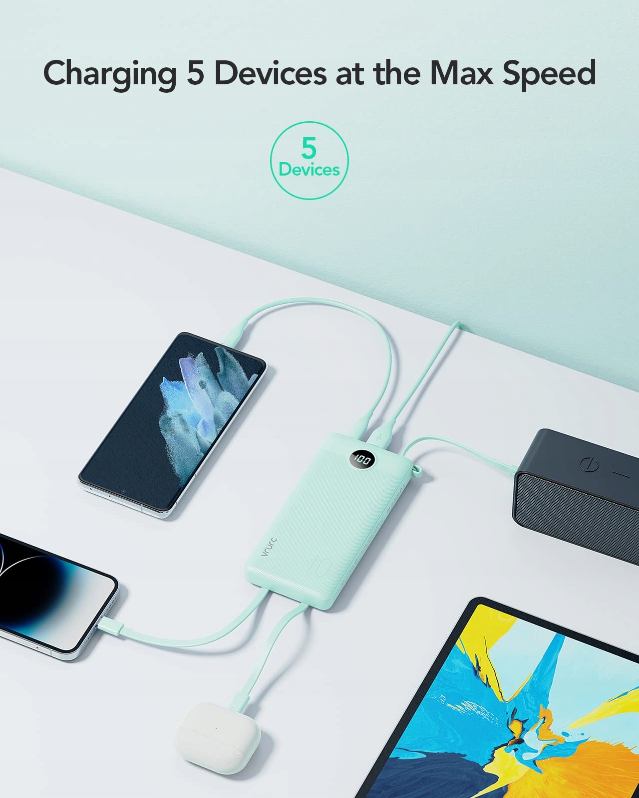 VRURC Powerbank 10000mAh USB C iPhone Huawei Samsung iPad LED — miniatura 3