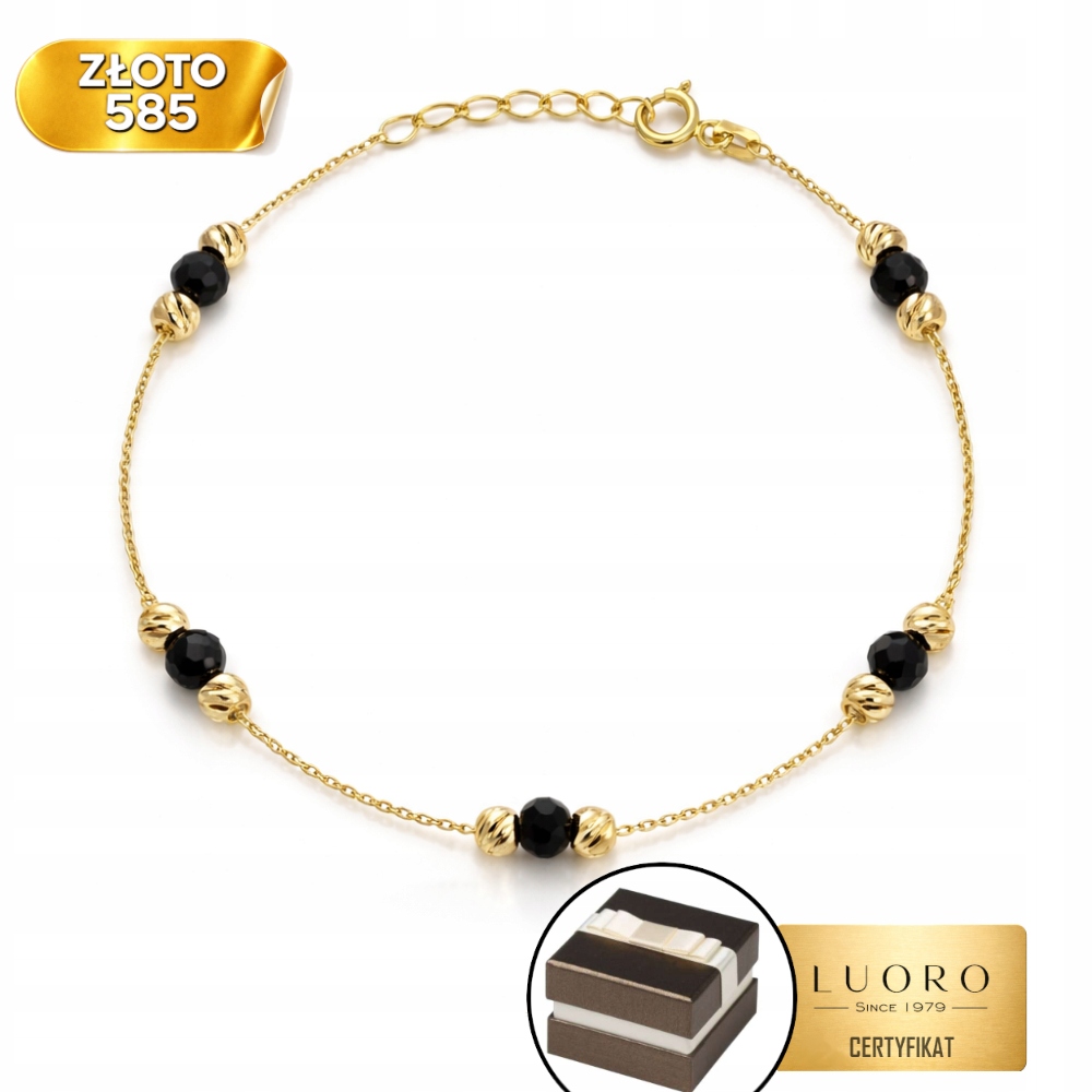 Náramek Zlatý 585 14K Kolečka Diamantové Černé Kameny 17 CM Nastavitelný