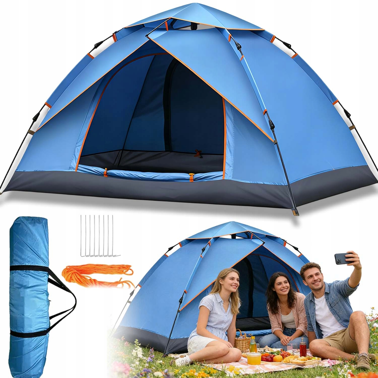 Namiot Kempingowy Z Moskitierą Automatyczny Dla 3-4 Osób Łatwy Transport