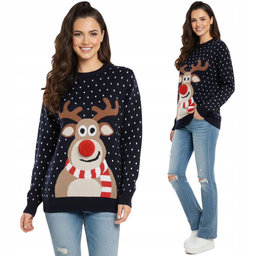 Vánoční svetr modrý s sobím bambule nosem 3D dámský teplý XXL