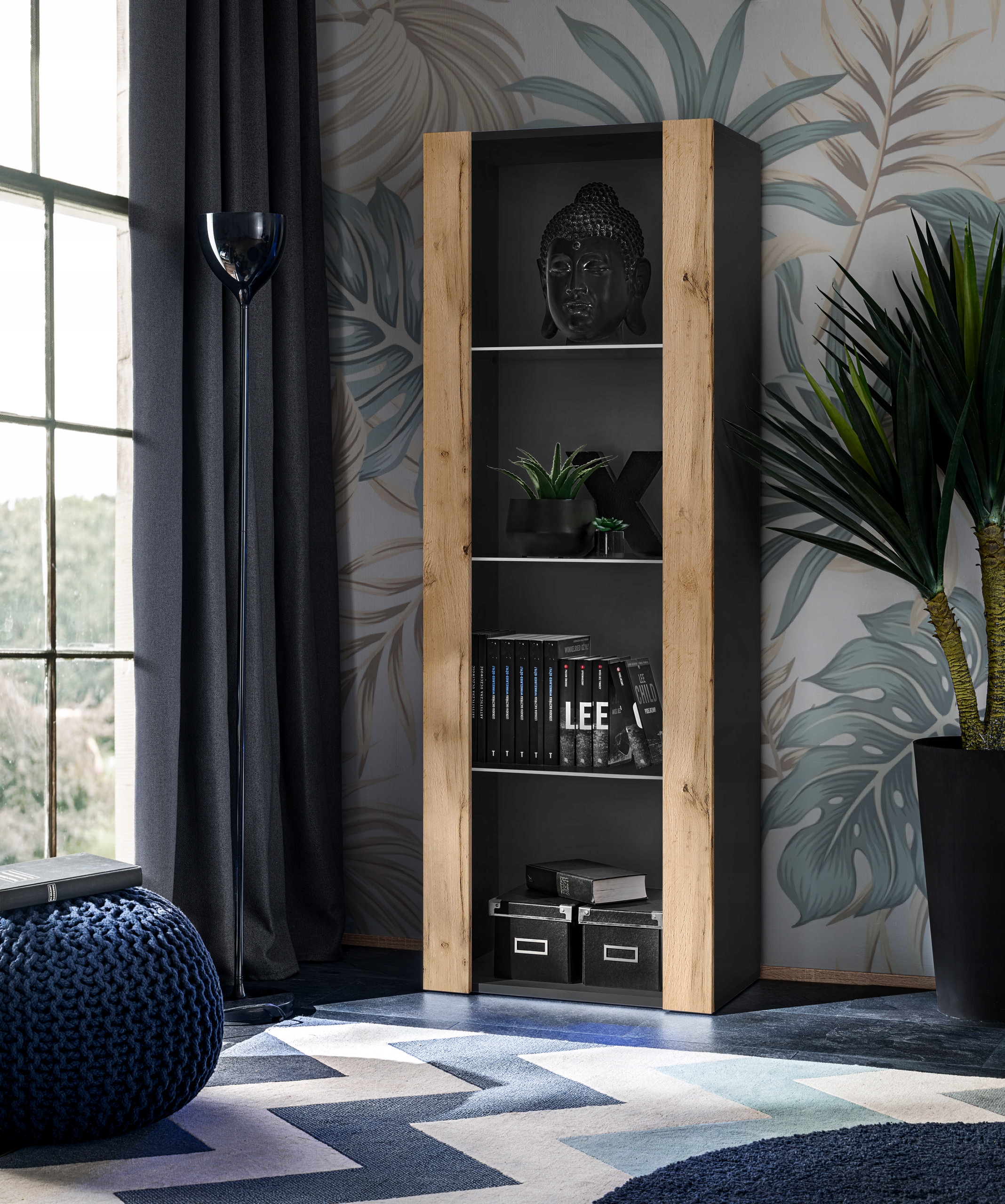 komodee Tivoli Witryna Stojąca Czarny-Dąb Wotan Szklane Półki Marka Komodee