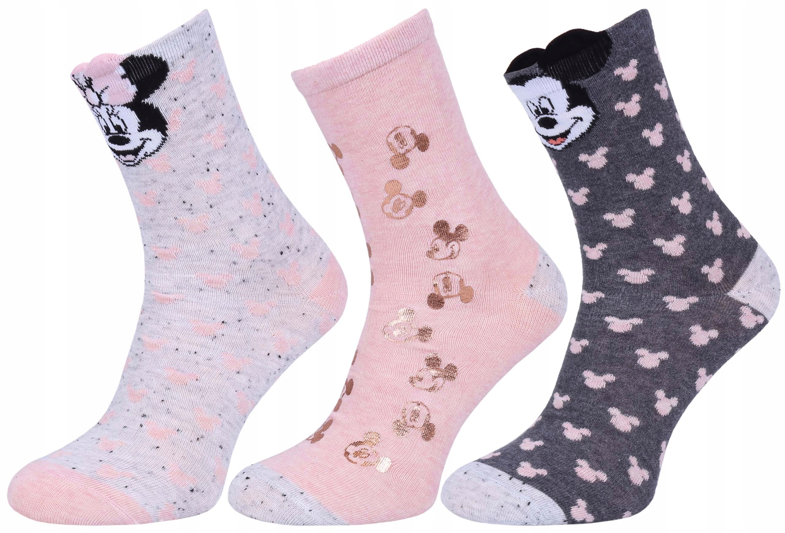 

3x szaro-różowe, skarpetki Minnie and Mickey