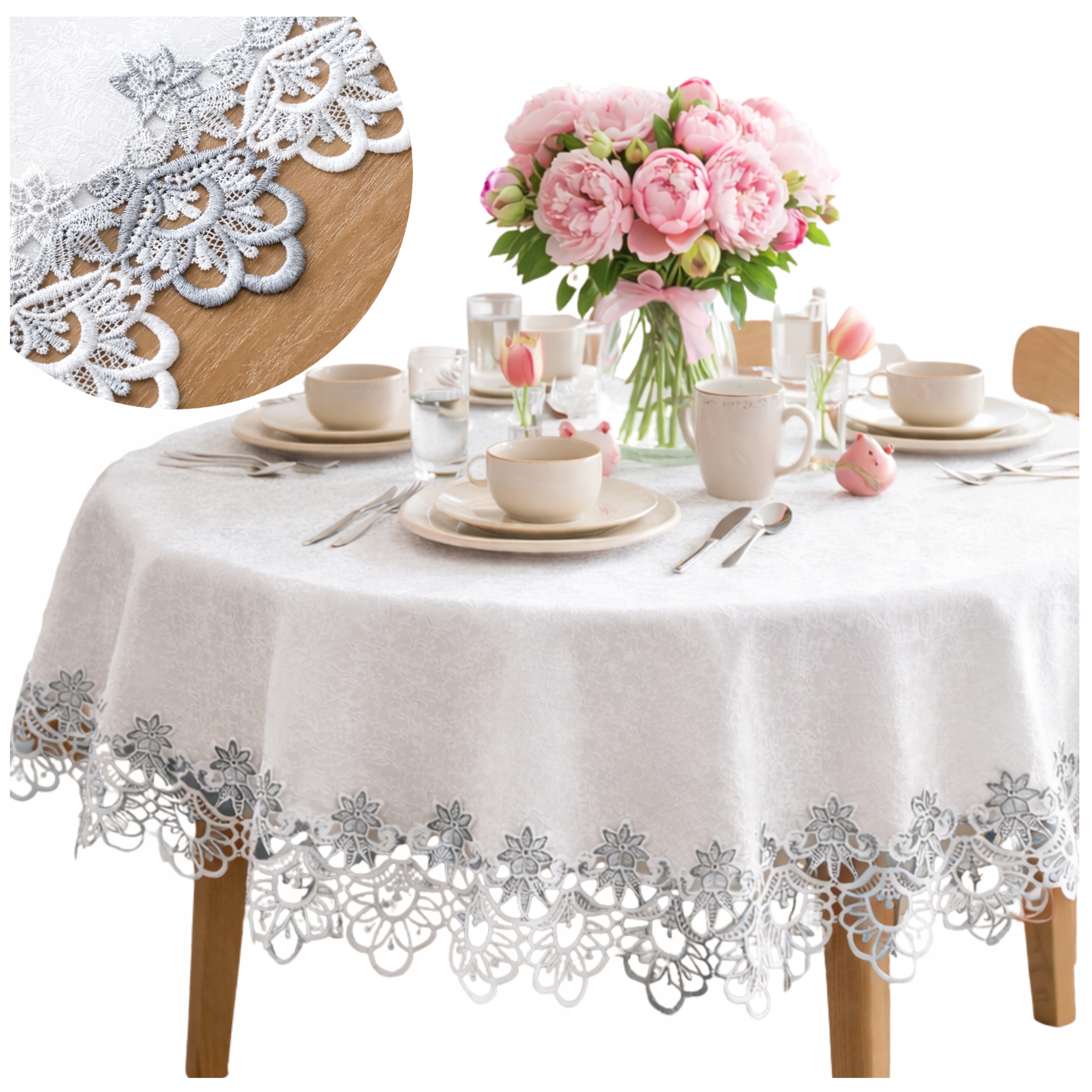 Obrus Biały szary okrągły 150x150 gipiura Koło do kuchni do salonu Na Stół