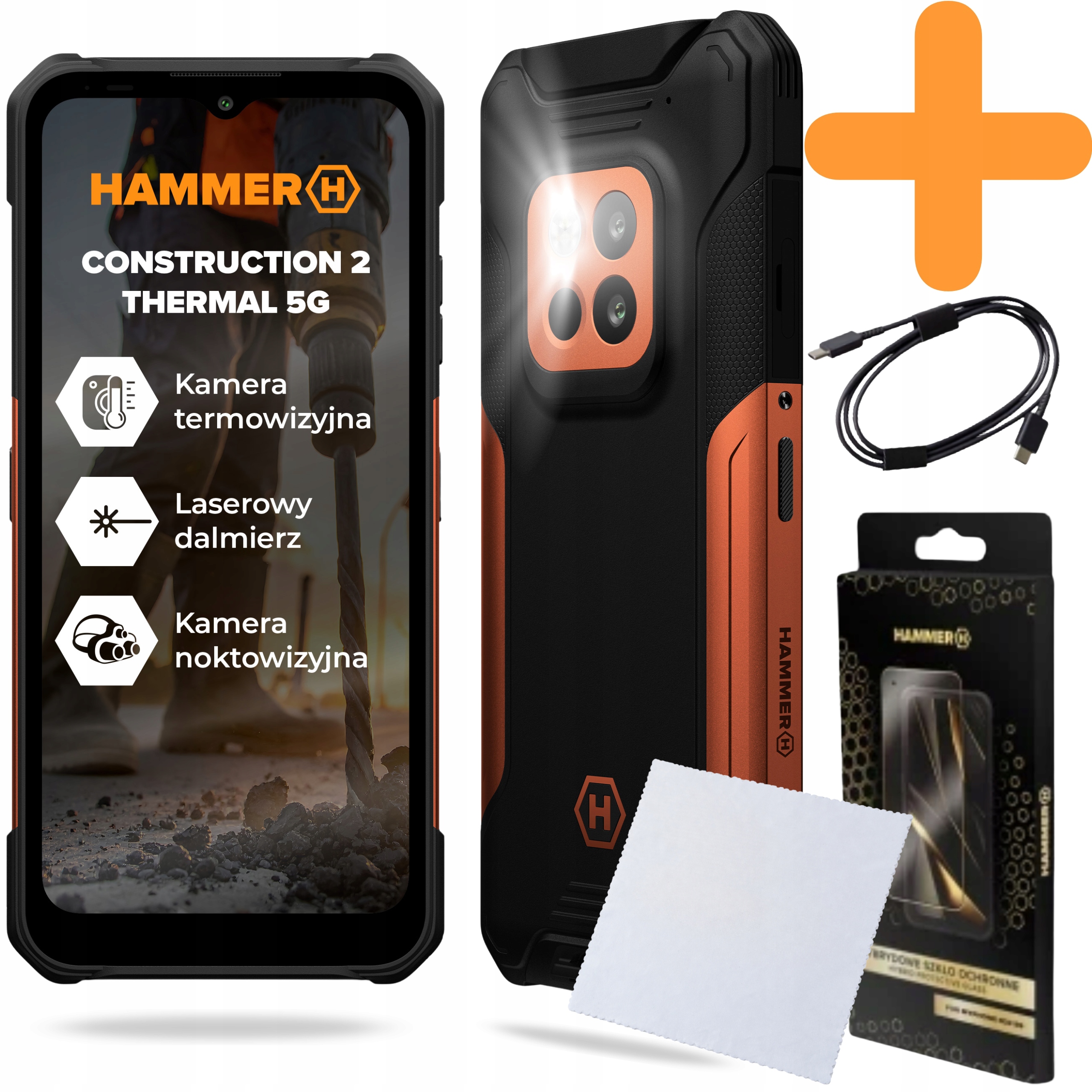 Smartphone Hammer Construction 2 Thermal 5G 8/256GB Sklo Utěrka Sada