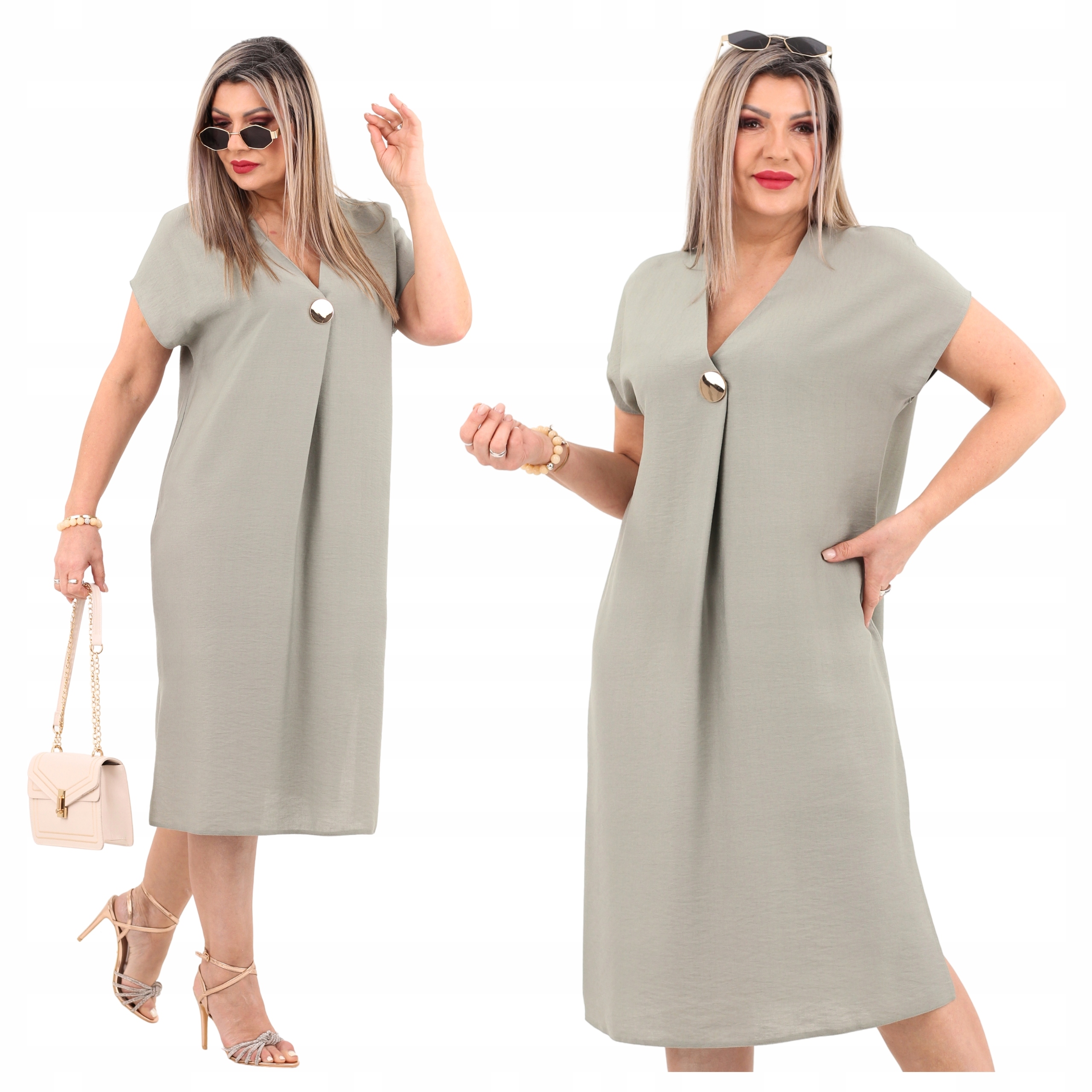 Prosta Sukienka Z Rozcięciem Broszka Polski Producent Duże Rozmiary