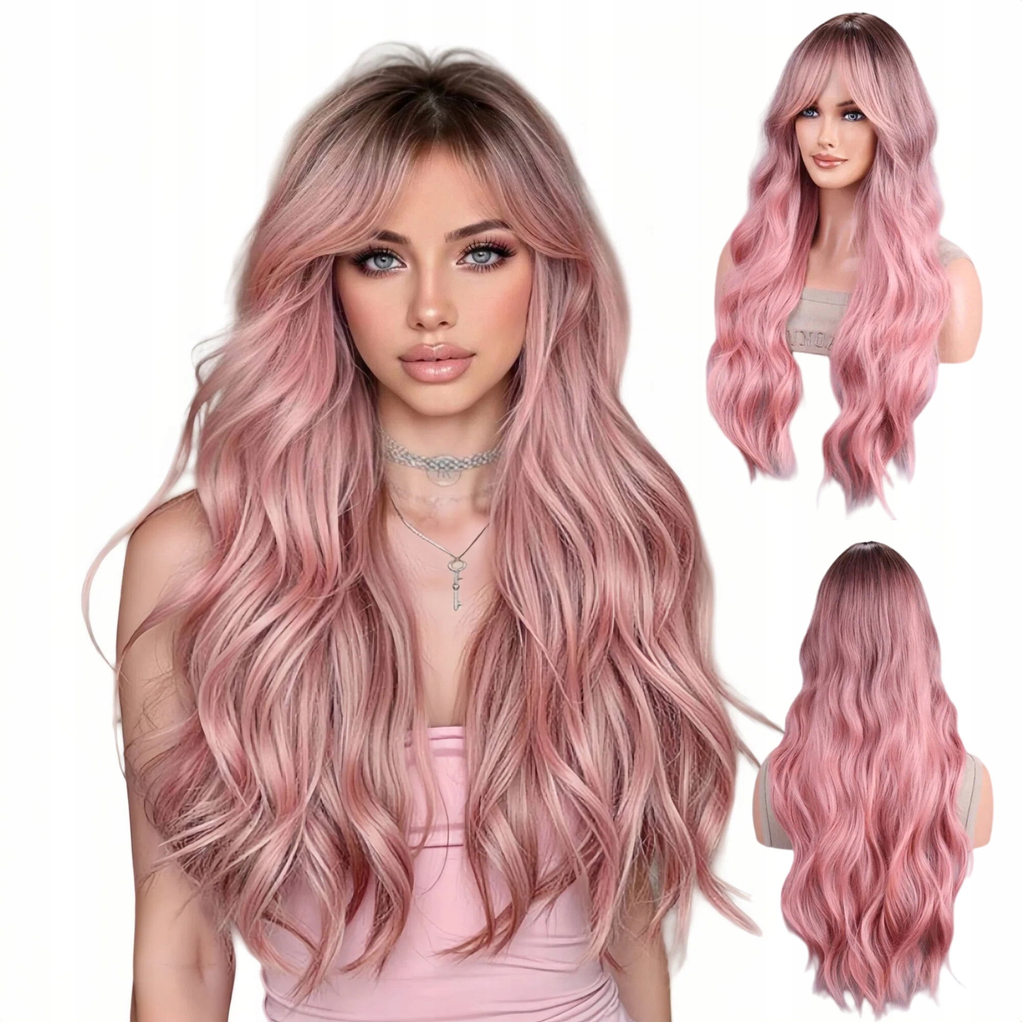 Dámská paruka růžové vlny Dlouhé vlasy jako přírodní z čepic paruky
