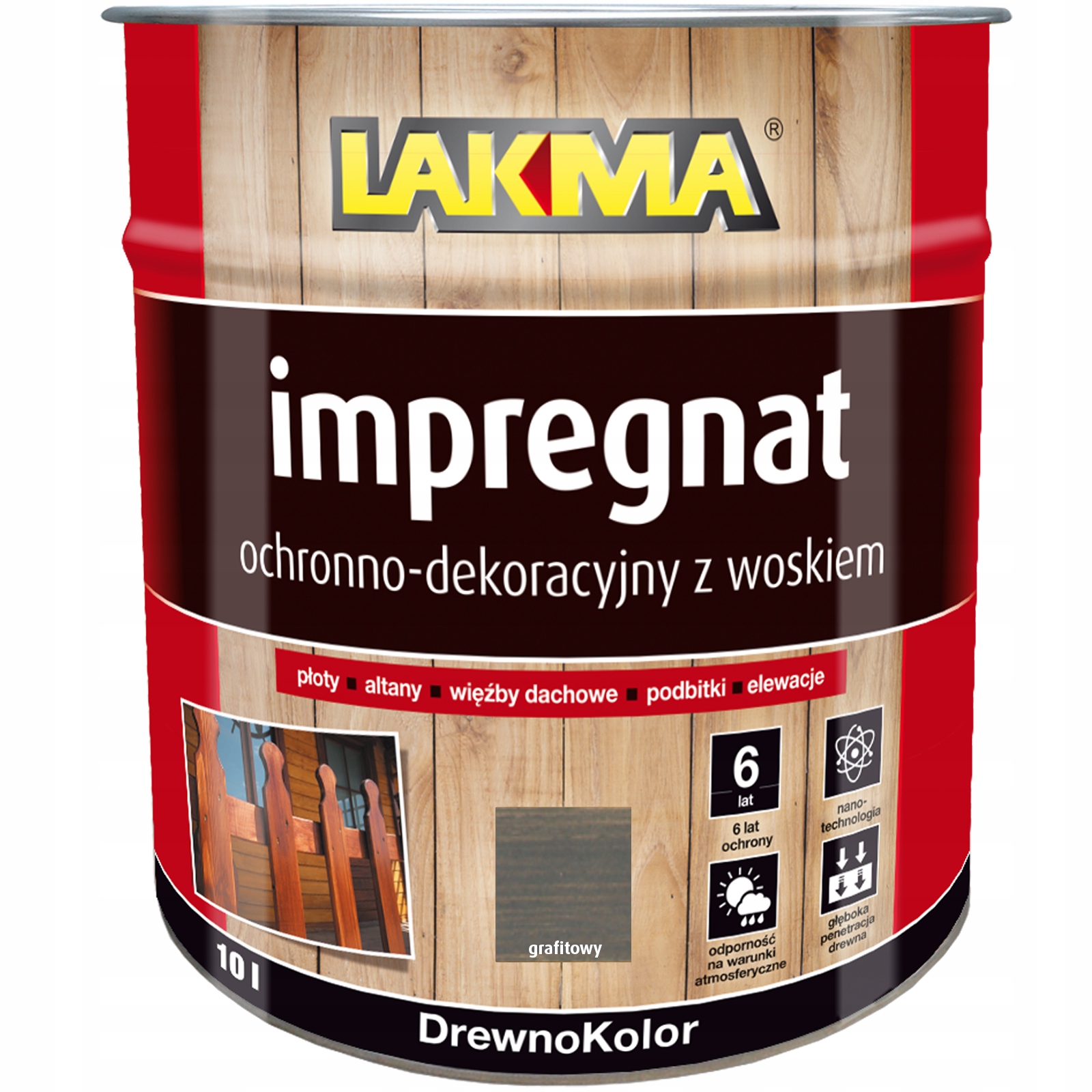 Lakma Impregnat Ochronno-dekoracyjny z Woskiem do Drewna Płotu Grafit 10L