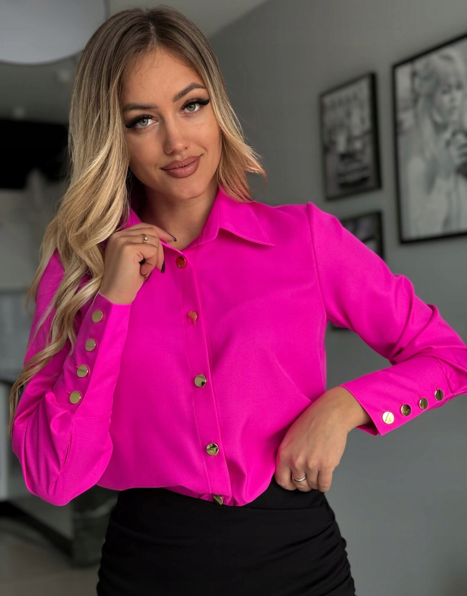 Elegantní dámská košile Zlaté Knoflíky Polská Výroba Do kanceláře Fuchsiová S