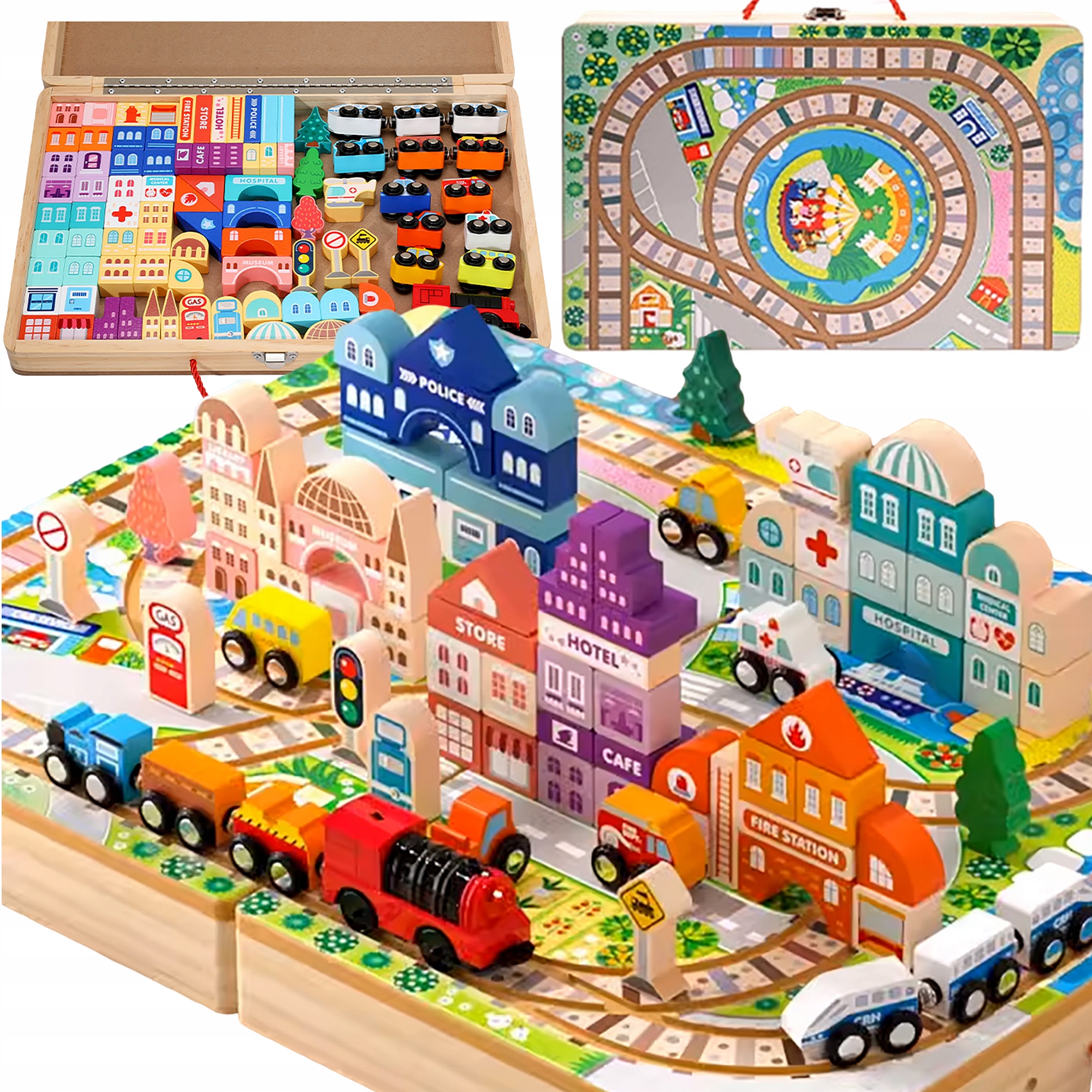 OGROMNA DREWNIANA KOLEJKA ELEKTRYCZNA TORY POCIĄG DROGA AUTA KLOCKI MIASTO