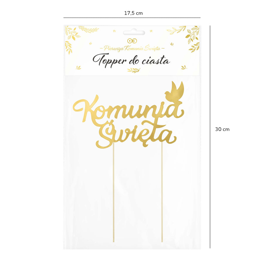 TOPPER NA TORT NAPIS PIERWSZA KOMUNIA ŚWIĘTA ZŁOTY Długość (cm) 16 cm