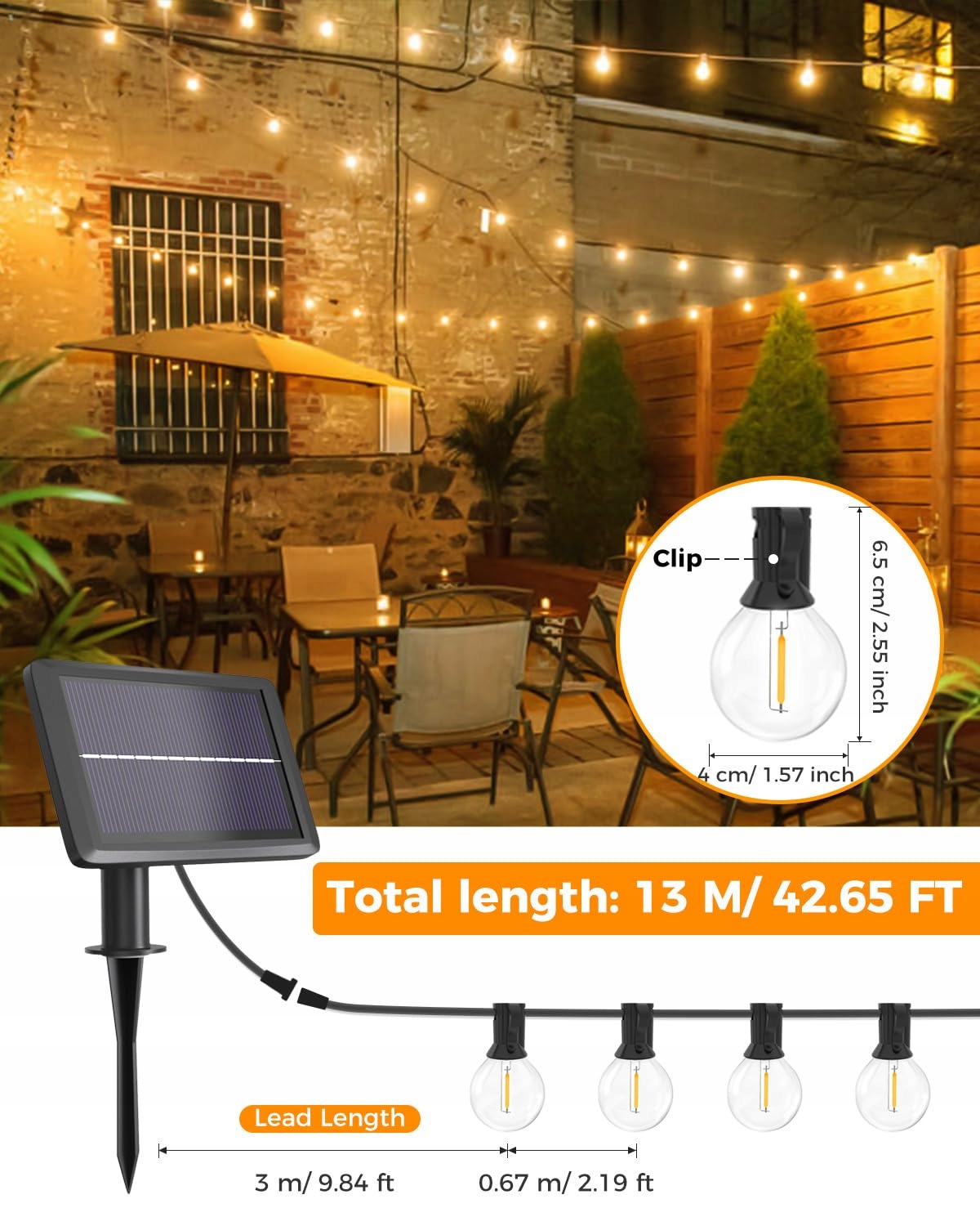 LITOGO Łańcuch Świetlny Solar 10M 15+1 LED Zewnątrz Taras Ogród Balkon — miniatura 6