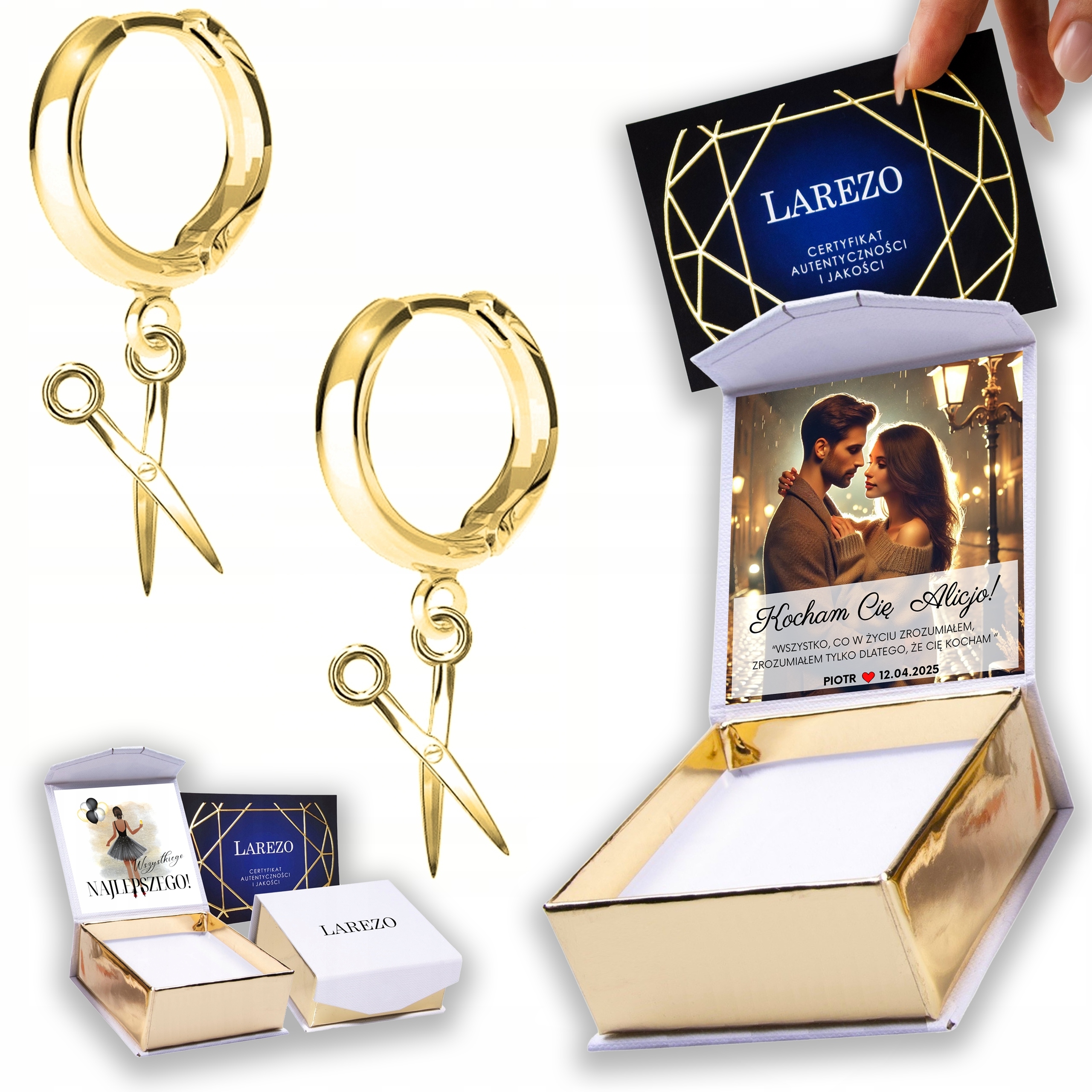 Zlaté Náušnice 925 s nůžkami pro kadeřnici Nůžky Potisk