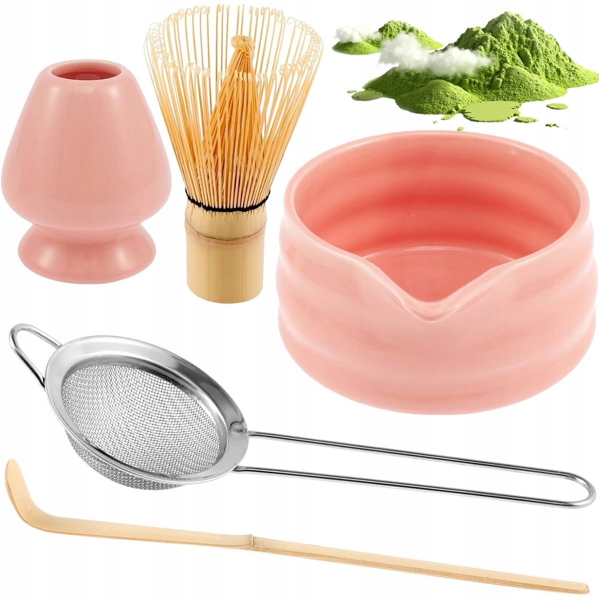 Růžový set na obřad matcha s bambusovou šlehací metlou a keramickou miskou