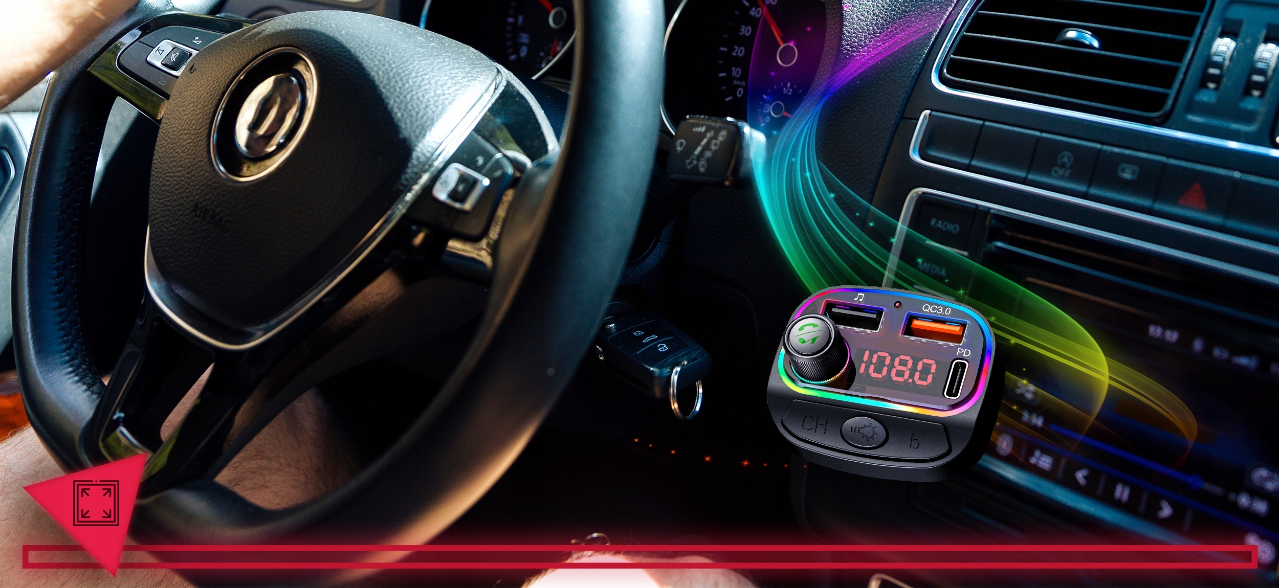 TRANSMITER FM SZYBKA ŁADOWARKA BLUETOOTH AUDIO MP3 BT 2X USB RGB Stan opakowania oryginalne