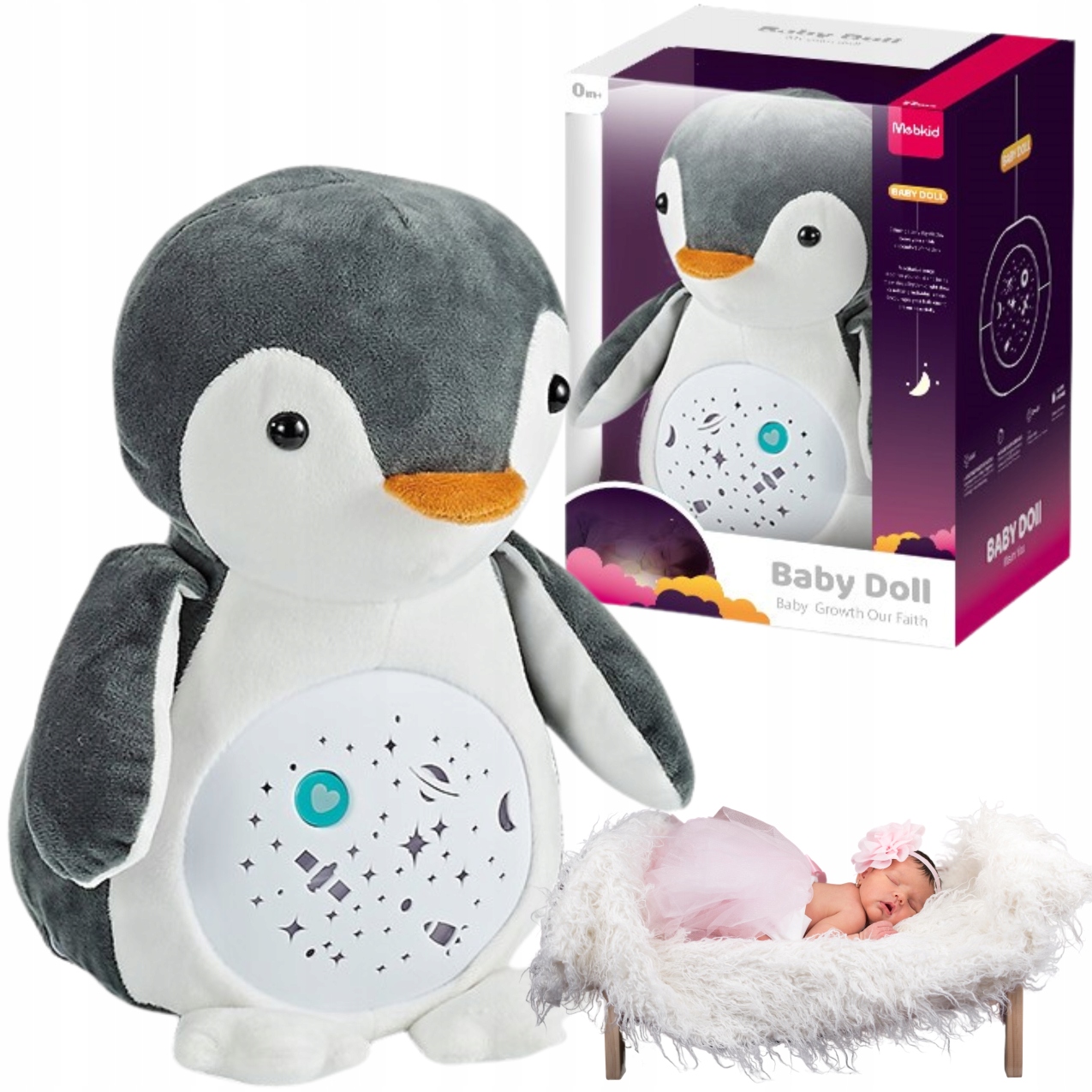 Projektor Gwiazd Pingwin Przytulanka Uspokajacz do Usypiania Lampka 0 +