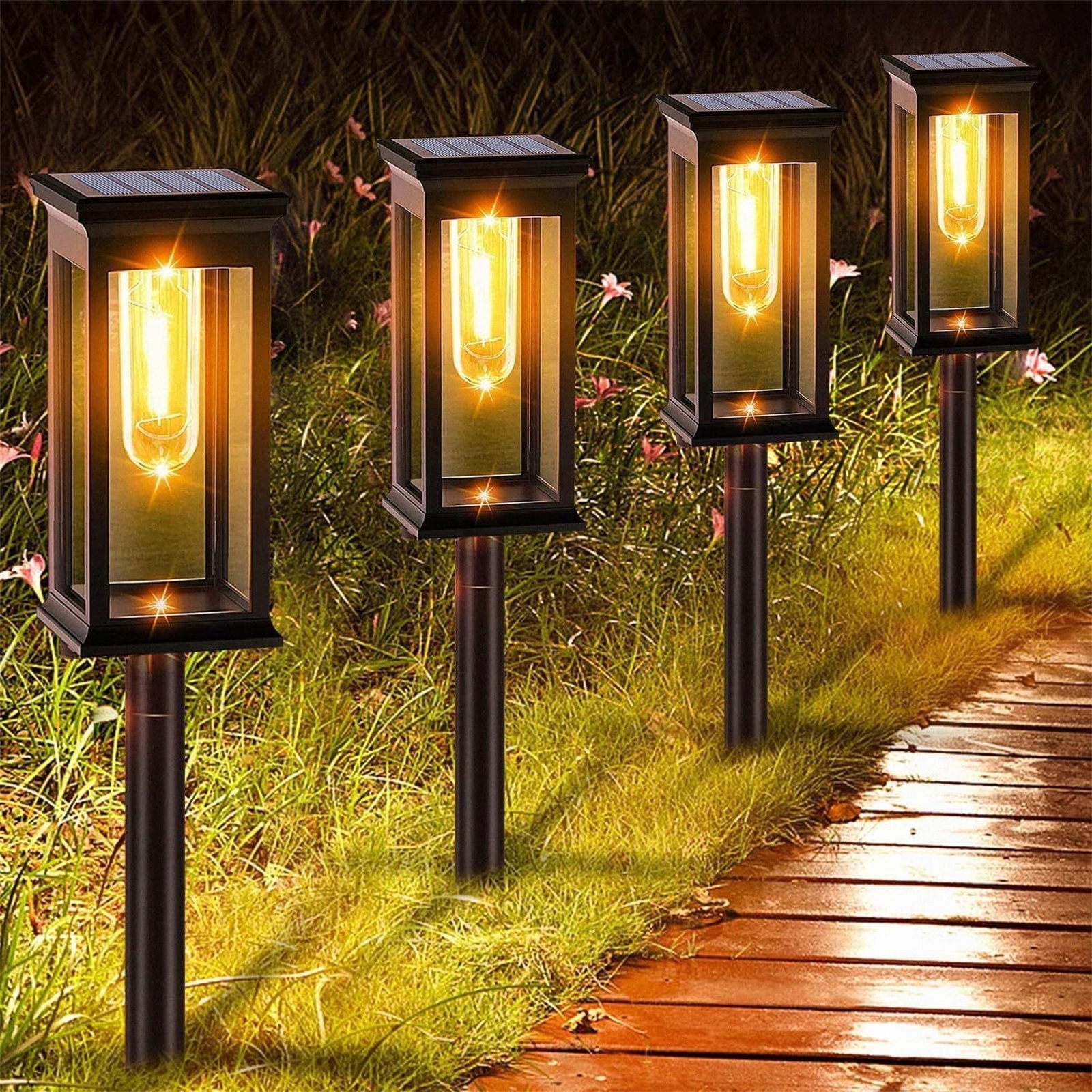 4x Set Zahradní lampa Solarna Led zapichovací Lucerna Žárovka Filament