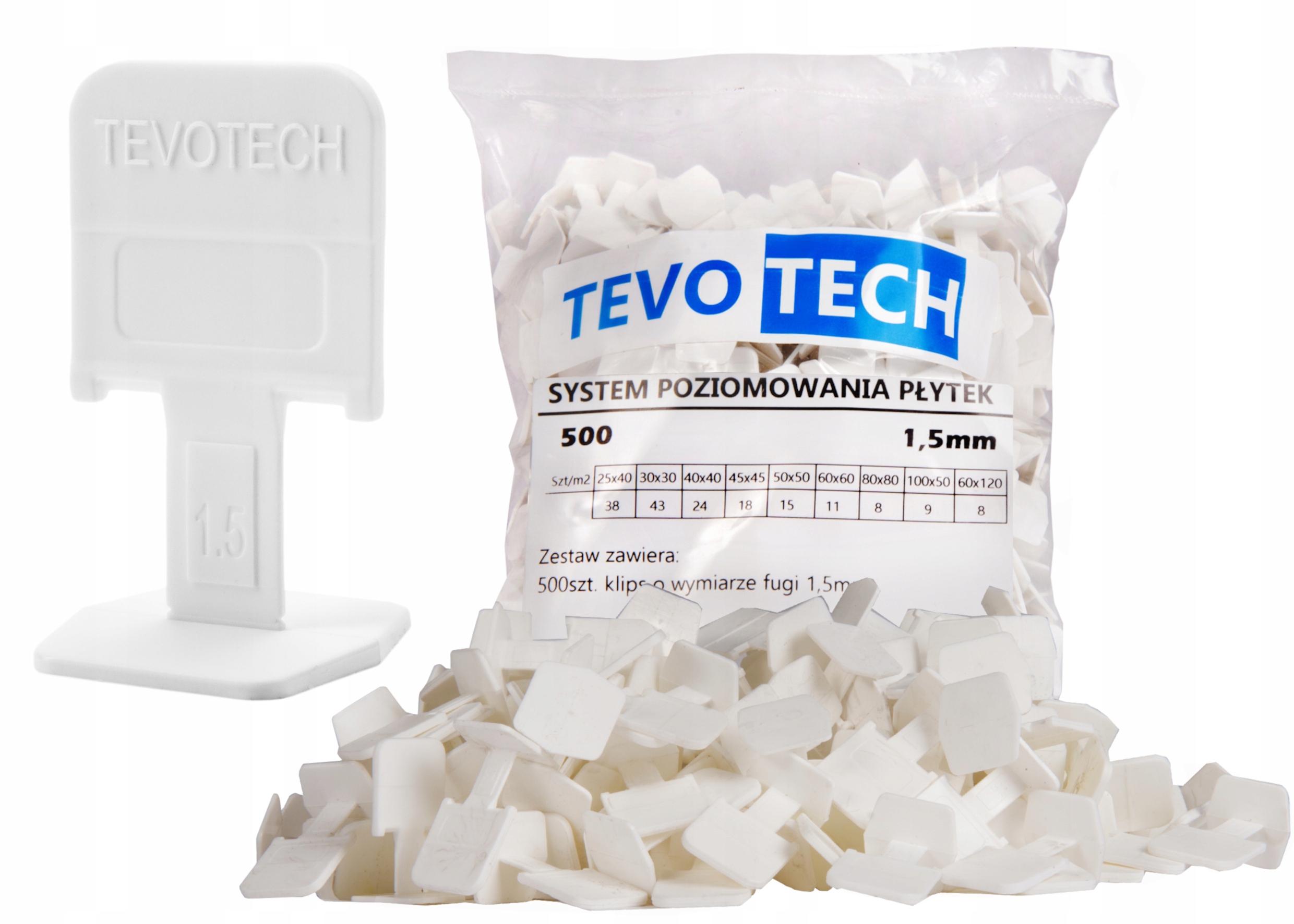 

System Poziomowania Płytek Tevotech 500szt. 1,5mm