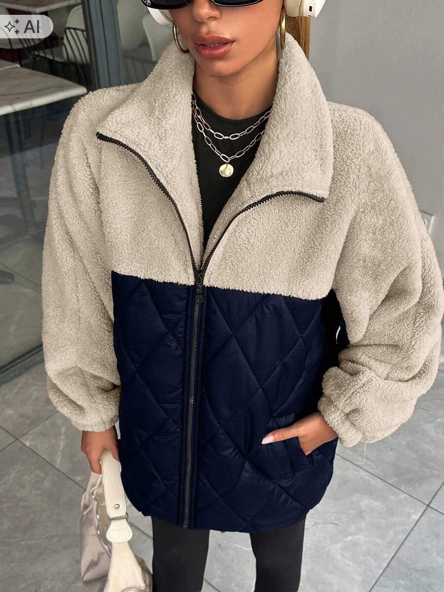 Shein Bunda Bomber Ovčí Modrá S Prošívaným Předním Dílem, Velikost 38 1