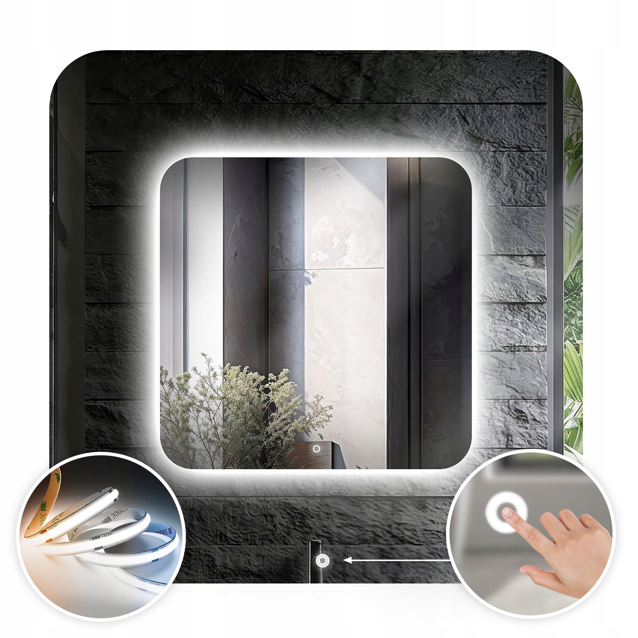 Lustro Led 110x65 cm Podświetlane Zaokrąglone Rogi z Włącznikiem Dotykowym