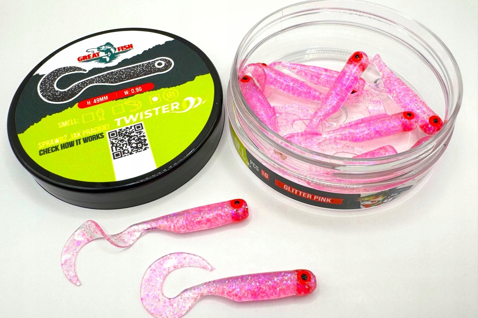 Great Fish GF1 Twister 49MM 10 Sztuk Glitter Pink Fish Scent Rybny Zapach