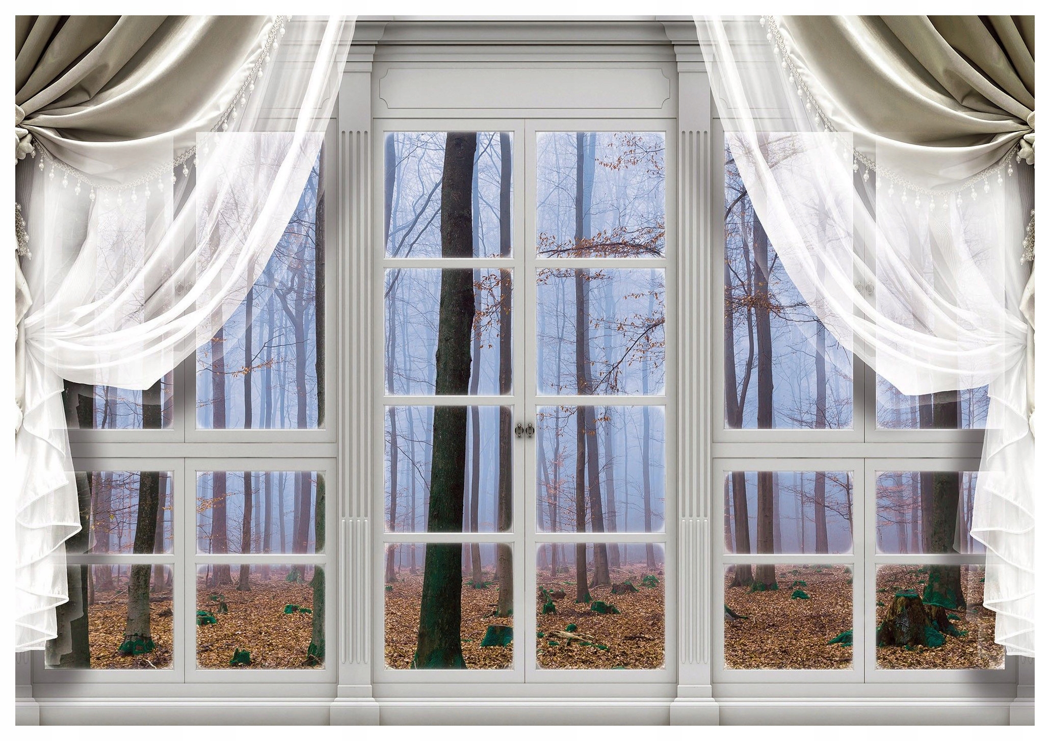 Vliesová fototapeta Podzimní les za oknem iluze 208x146 lepidlo
