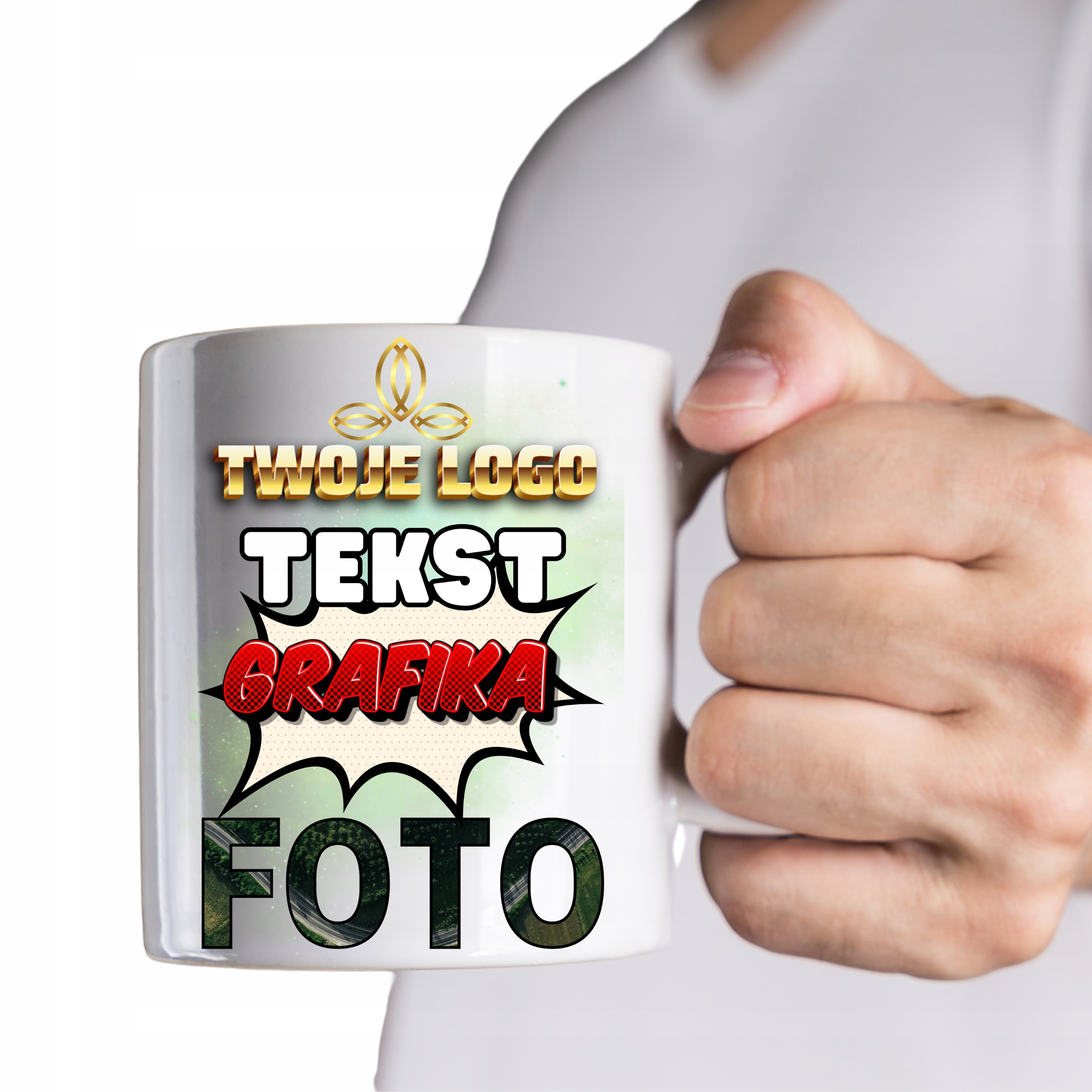 FOTO KUBEK Z TWOIM ZDJĘCIEM LOGO FIRMY TEKSTEM GRAFIKĄ NADRUKIEM PREZENT