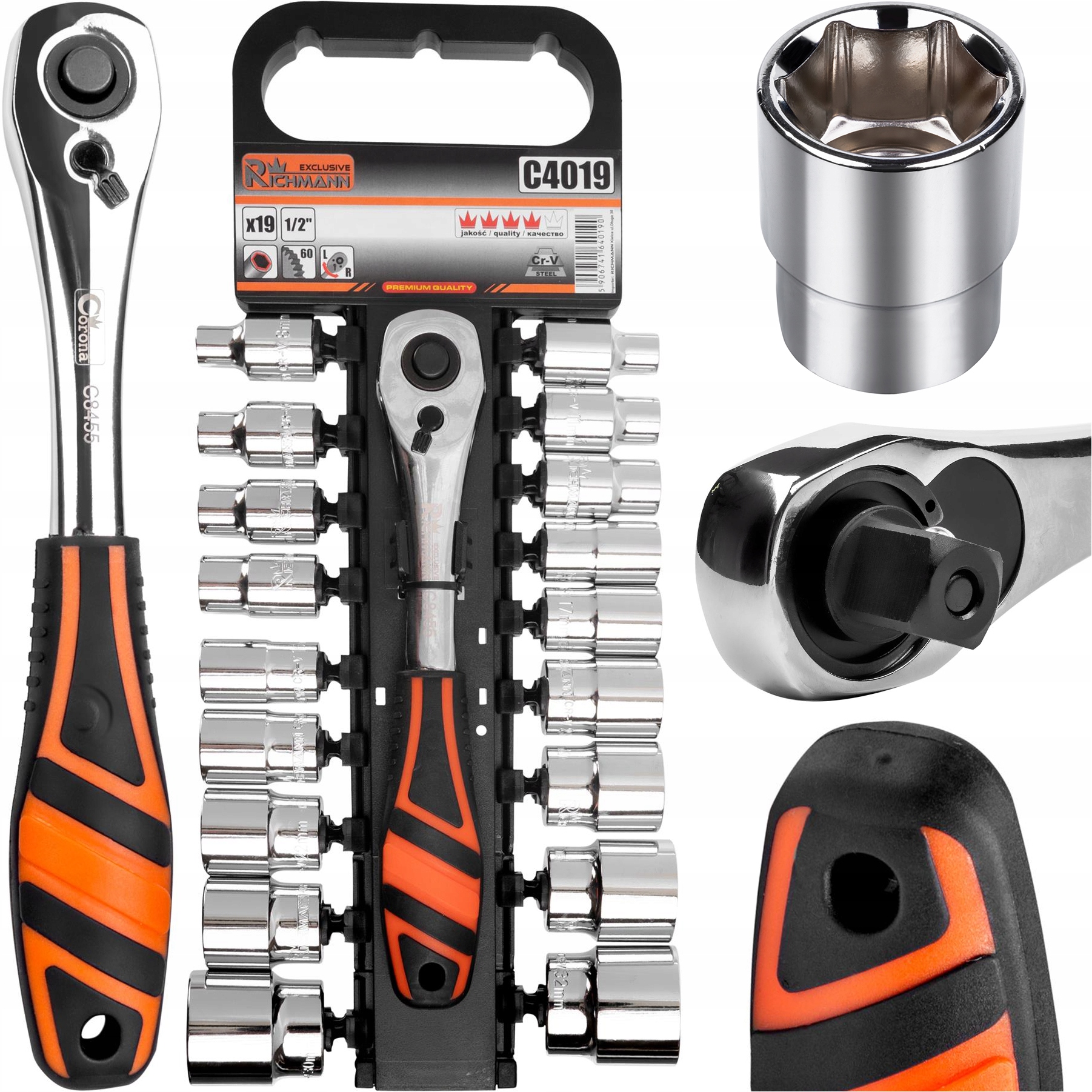 Klíč Ráčnový 1/2" Nástavce 6-HRANNÉ 8-32 MM, Sada 19 Ks