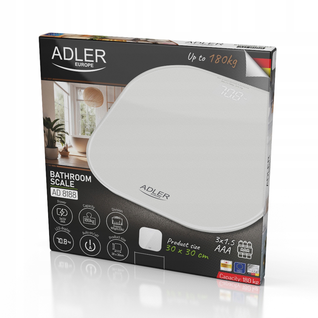 Waga Łazienkowa Adler AD 8188 LED 180kg Dokładna 100g Szkło