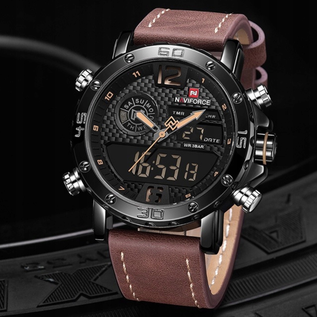 ZEGAREK MĘSKI ELEGANCKI KLASYCZNY SKÓRZANY PASEK STOPER DATOWNIK ALARM Marka Naviforce
