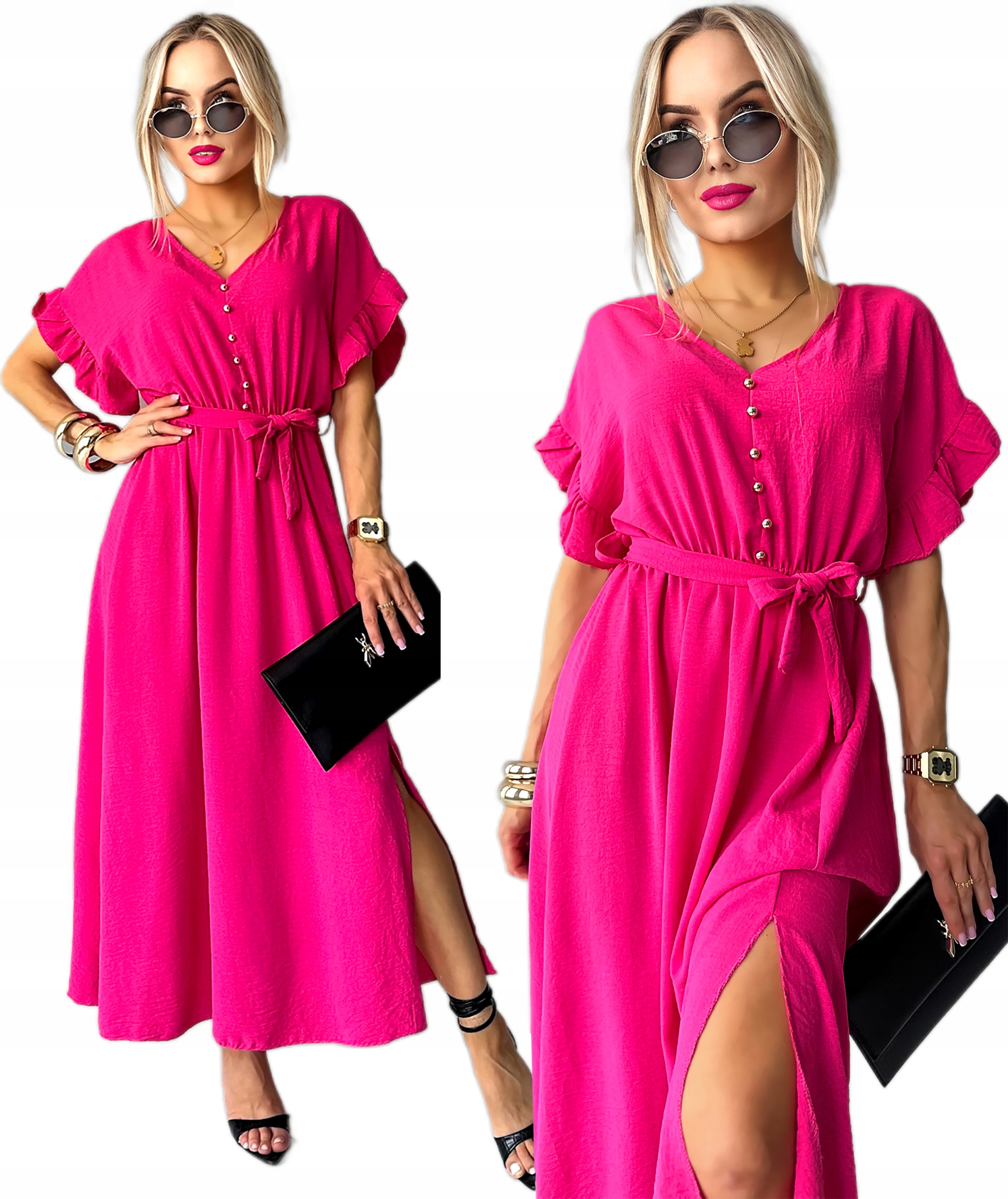 Sukienka Damska długa pasek guziki z rozcięciem wesele Olena