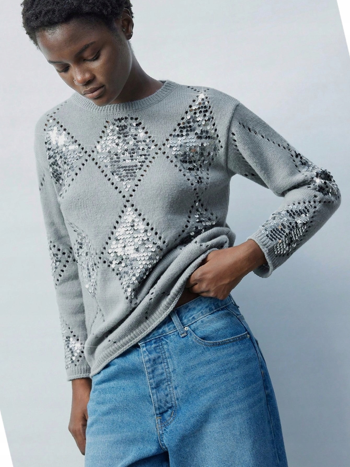 Ažurový svetr s flitry Jednoduchý Šedý Casual S 36