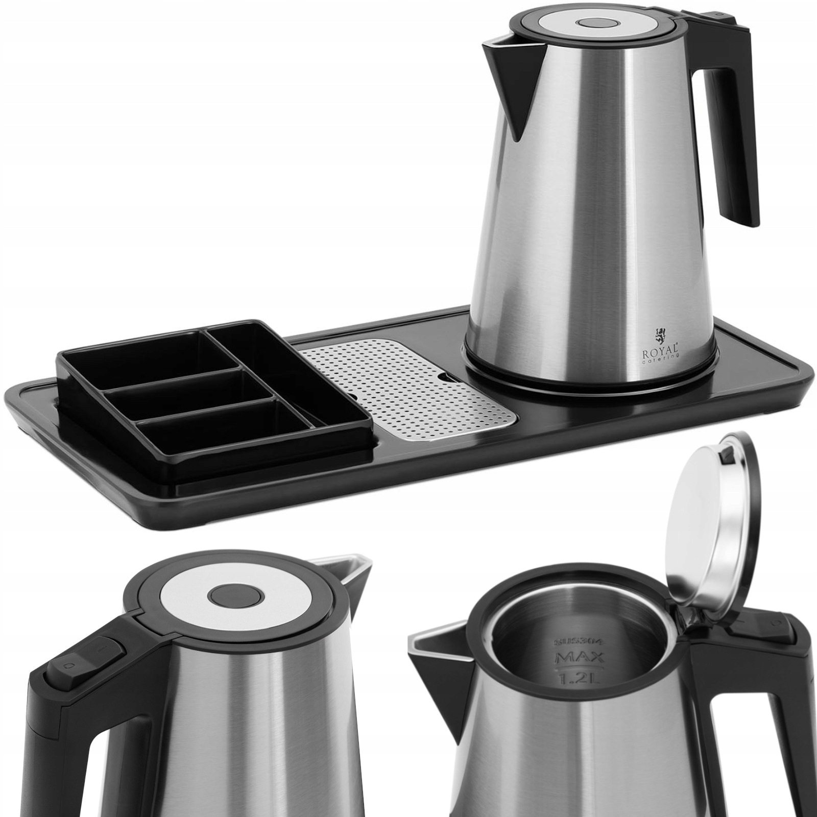 Hotelový uvítací set, rýchlovarná kanvica s podnosom 1,2 l, 1800 W, strieborná
