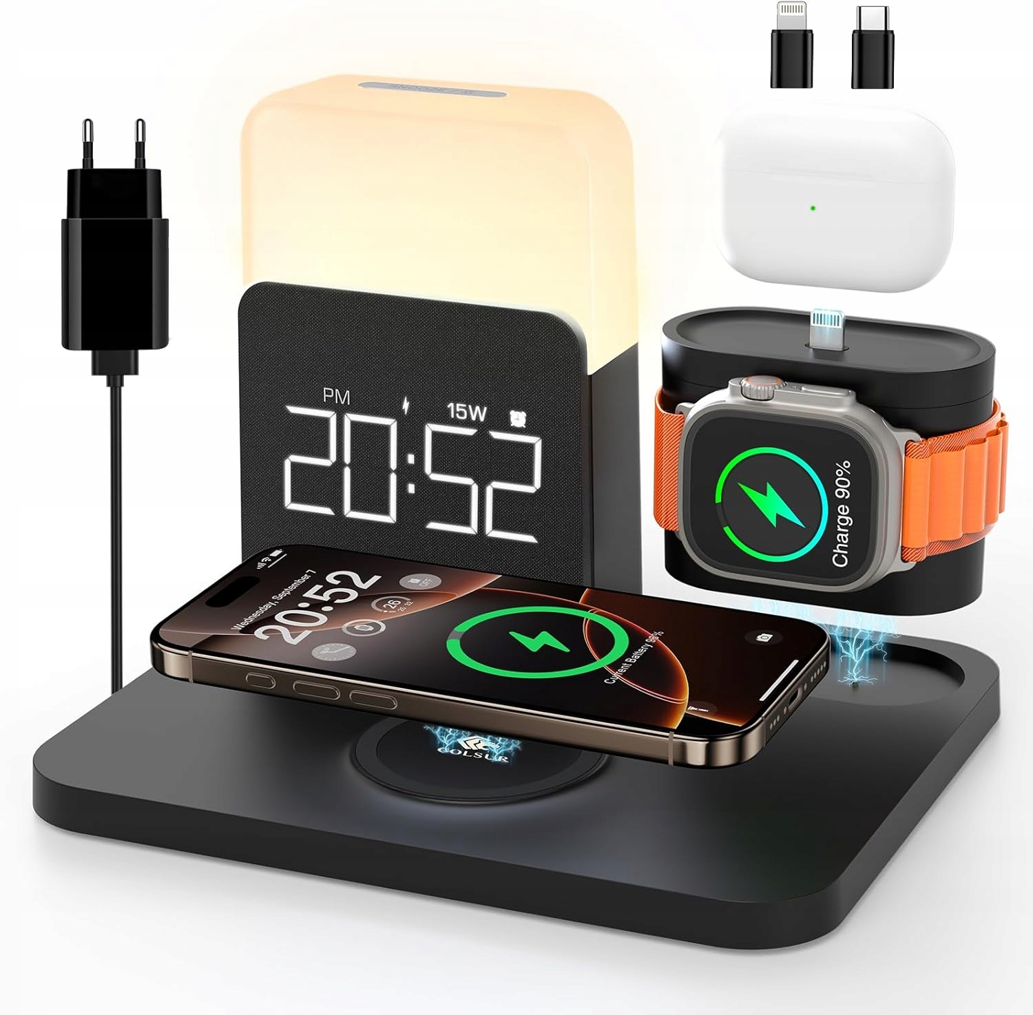 Bezprzewodowa ładowarka 3 w 1 do iPhone AirPods Apple Watch Budzik Lampka