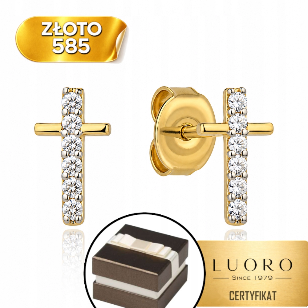 Náušnice Zlaté 585 14K Křížek Se Zirkony Tyčinka 0,8 CM Dárek