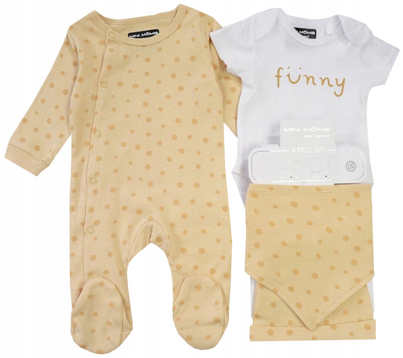 WYPRAWKA KOMPLET 4-części NIEMOWLĘCY PAJAC BODY CZAPKA groszki beż 74 R041P