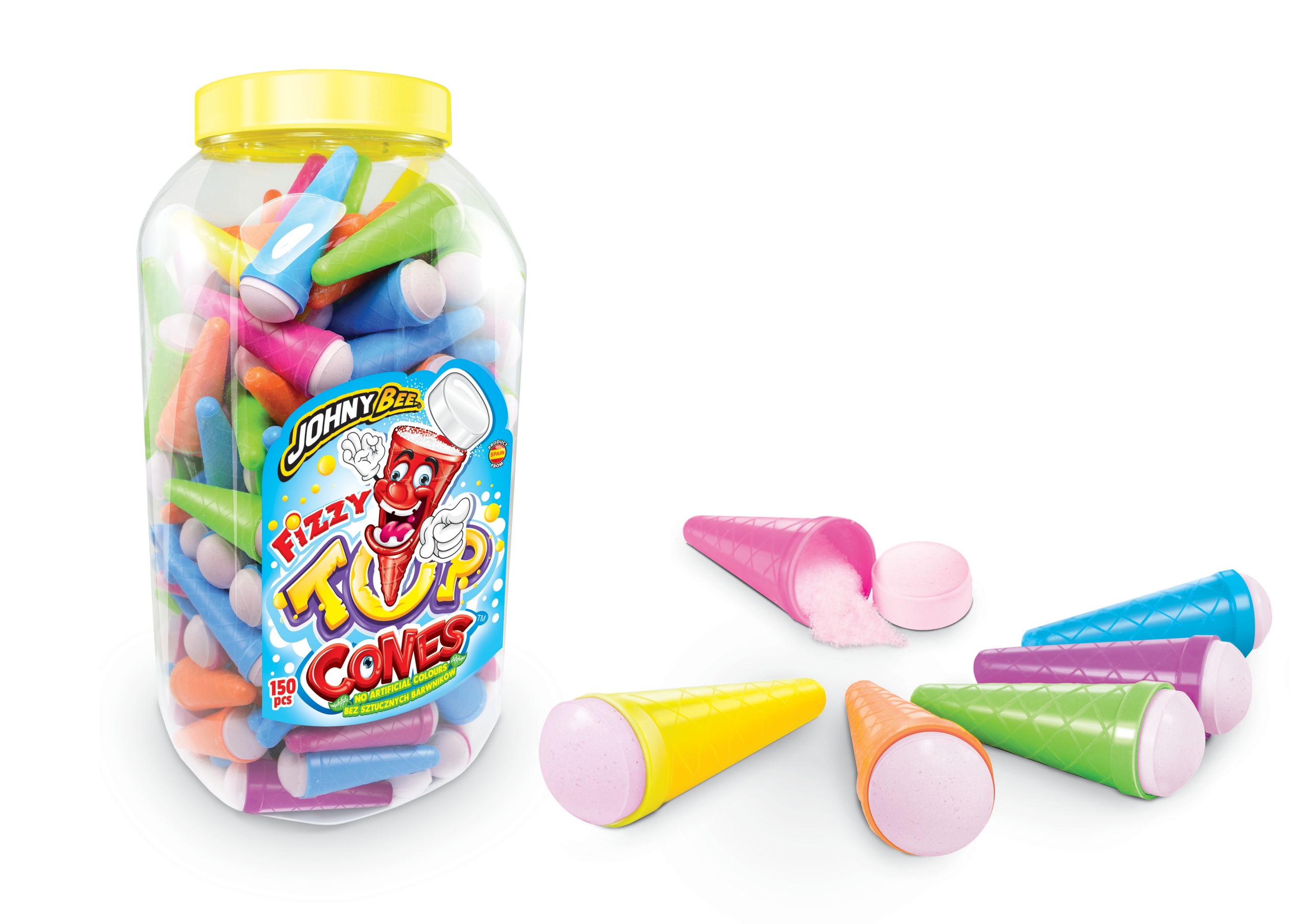 Levně Bonbóny Top cones Johny Bee 150 ks Lízátko v kornoutu s oranžádou