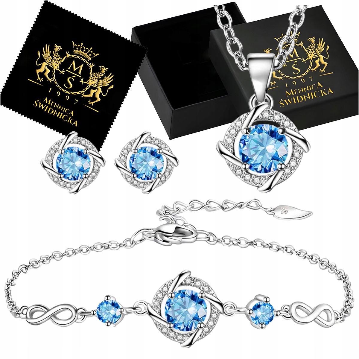 Stříbrný 925 komplet šperků s zirkony Náhrdelník Náušnice Náramek