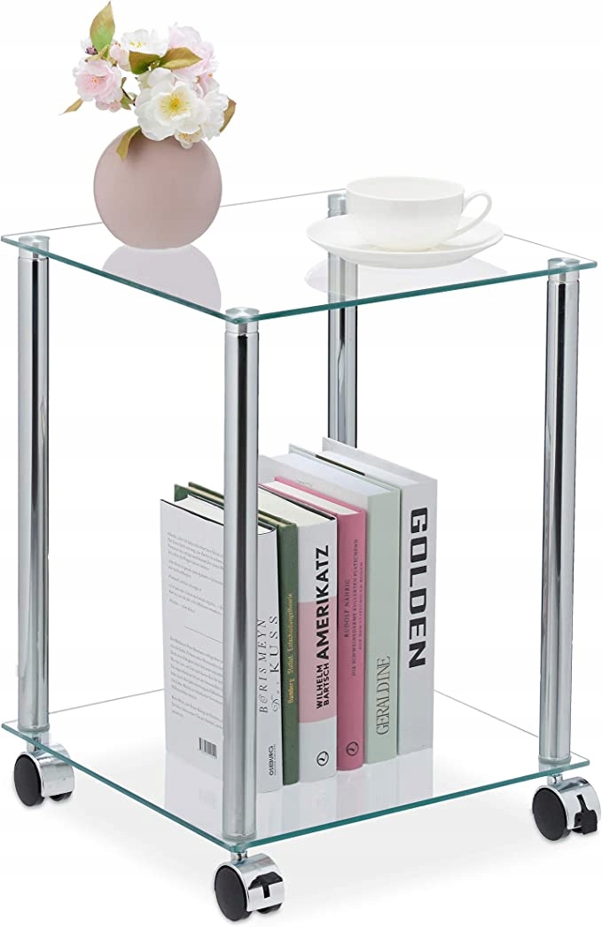 Sklenený stolík na kolieskach Relaxdays štvorcový 34 x 34 x 46 cm strieborný