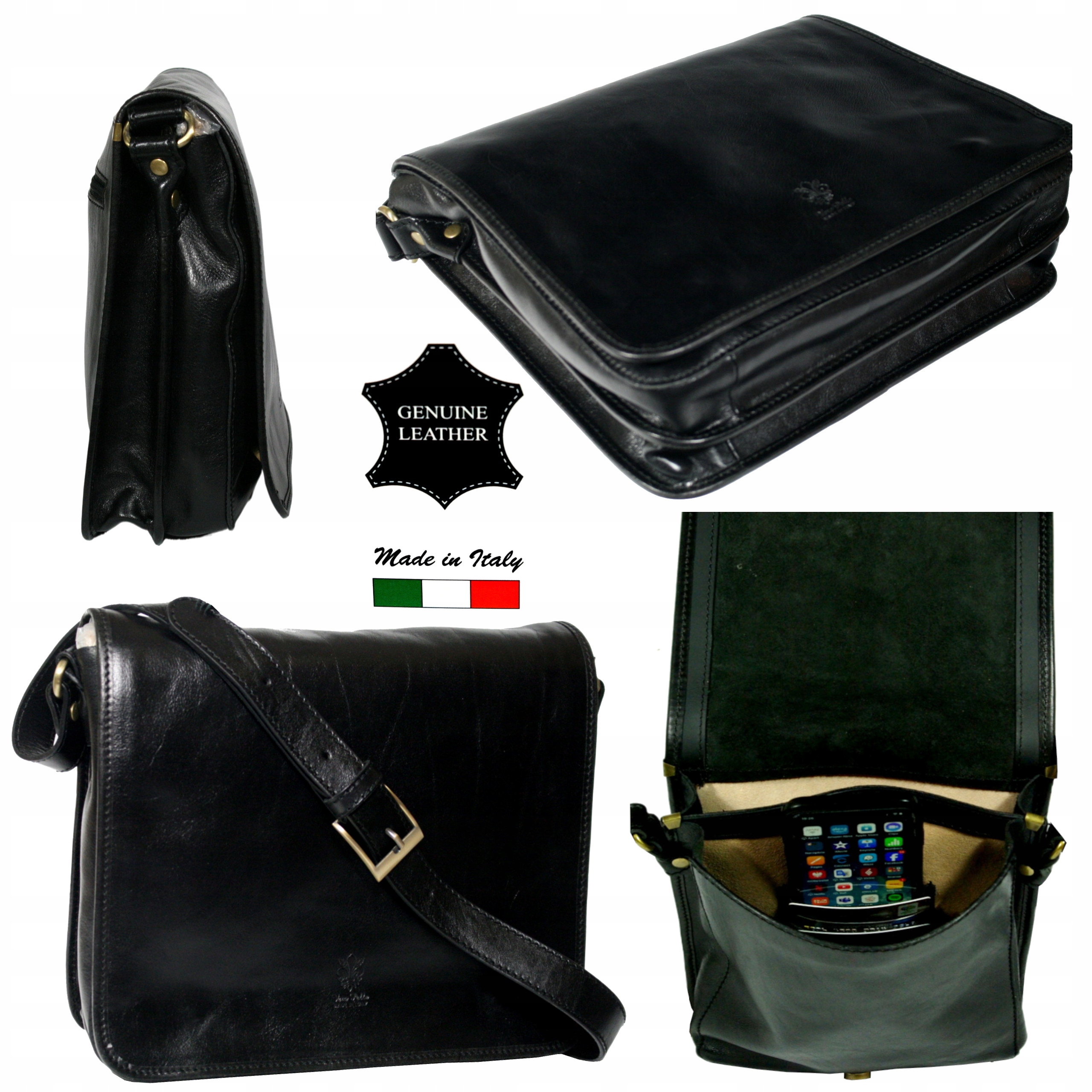 Pánská kožená taška přes rameno velká černá italská A4 kabelka přes rameno vintage A4