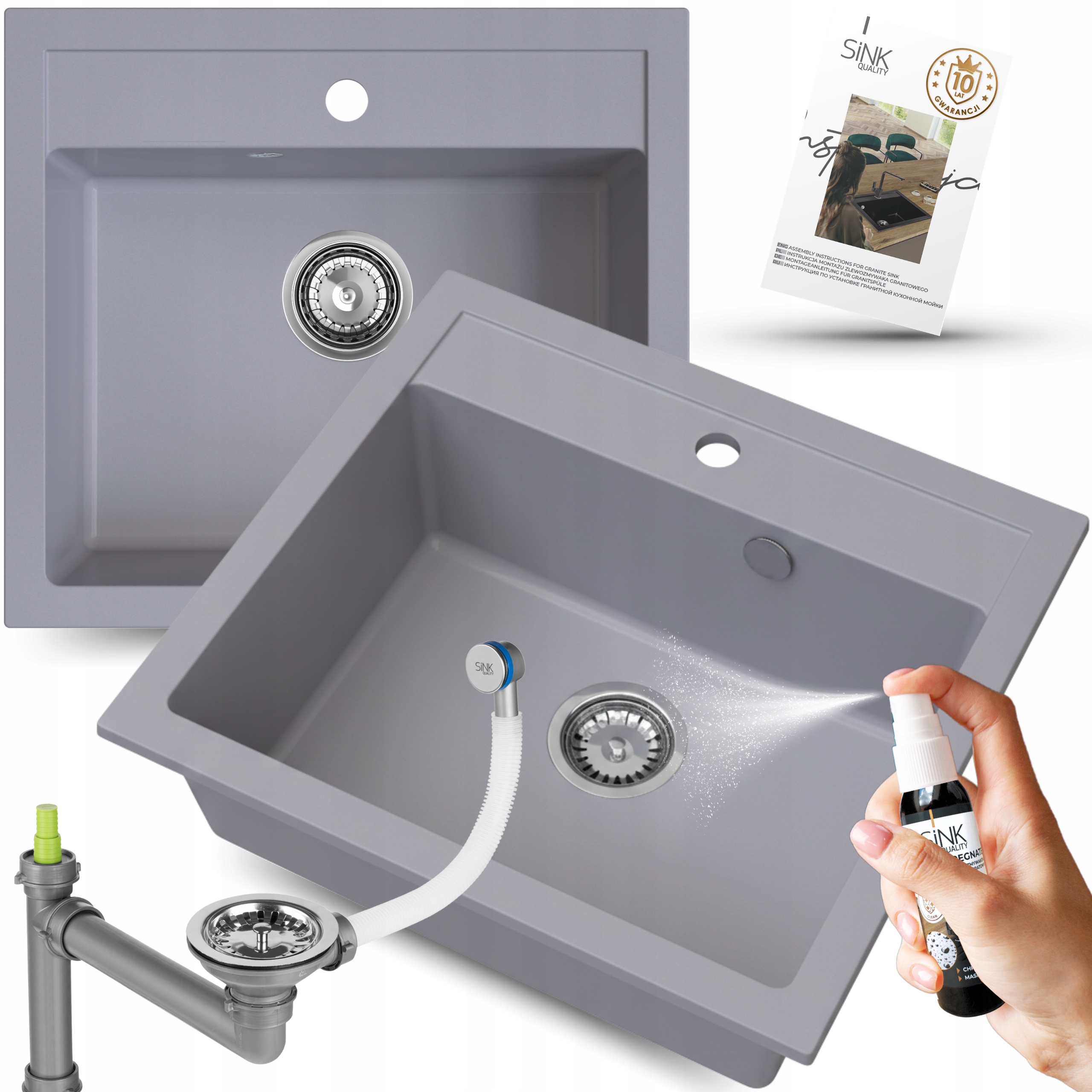 Dřez Jednokomorový šedý Do Skříňky 60 cm Granitový dřez 8v1