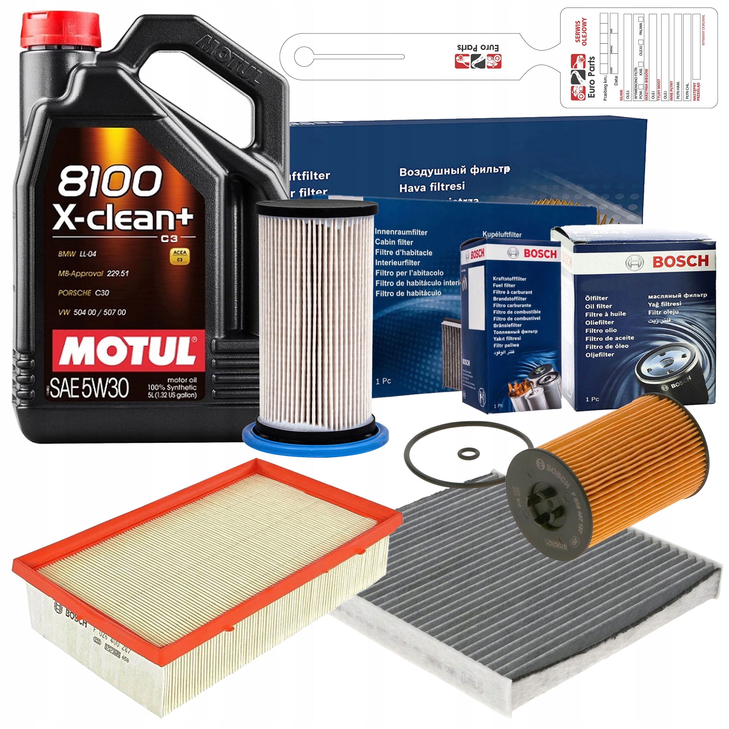 Sada filtrů Bosch pro Vw Touran 1.6 TDi olej Motul X-Clean+ 5W30 5L