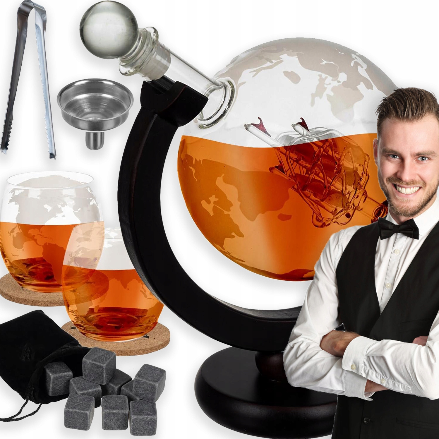 Sada Na Whisky Karafa Globus 2X Sklenice Kostky Kleště 850 ml Dárek