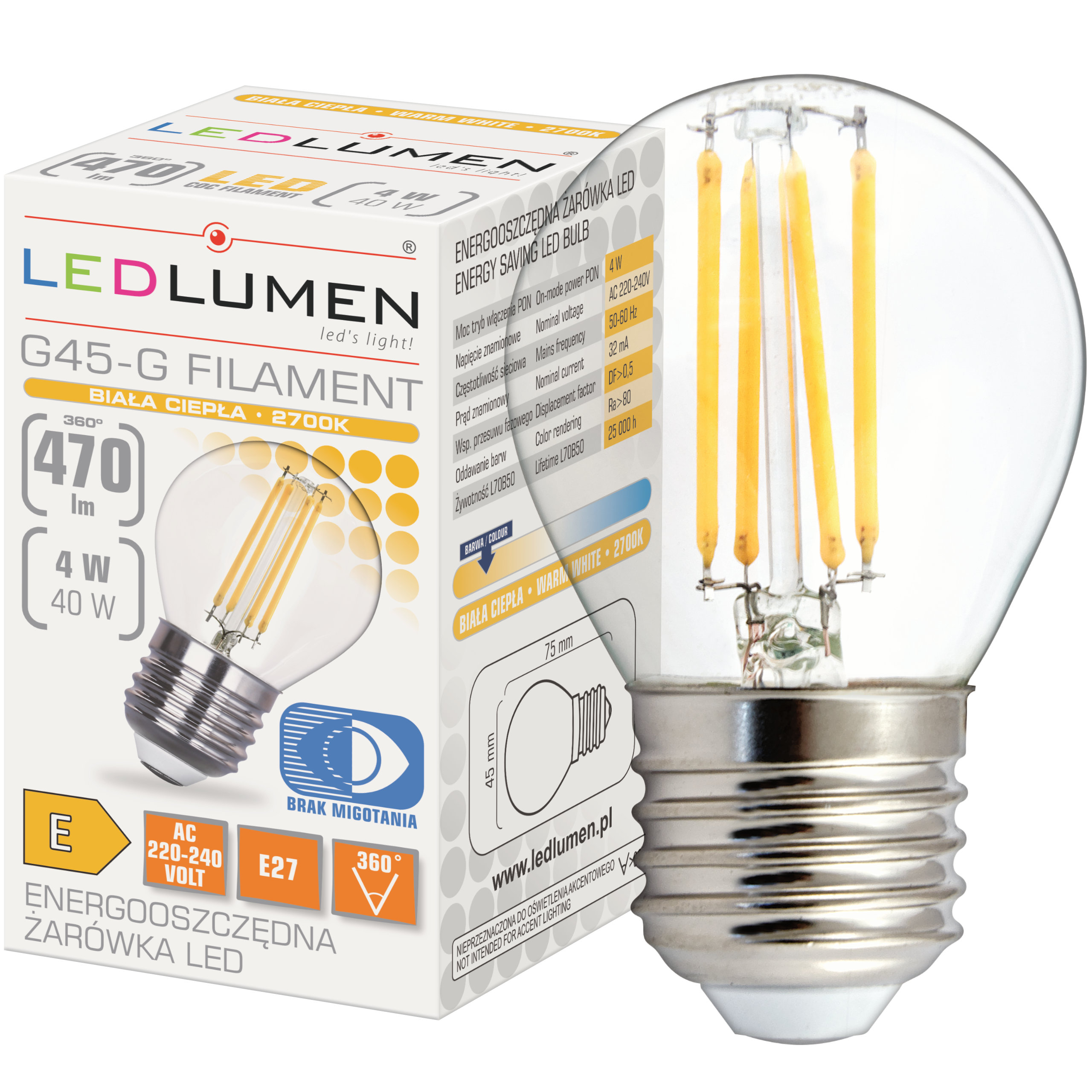 

Żarówka Led E27 Kulka G45 4W=40W Filament Ozdobna