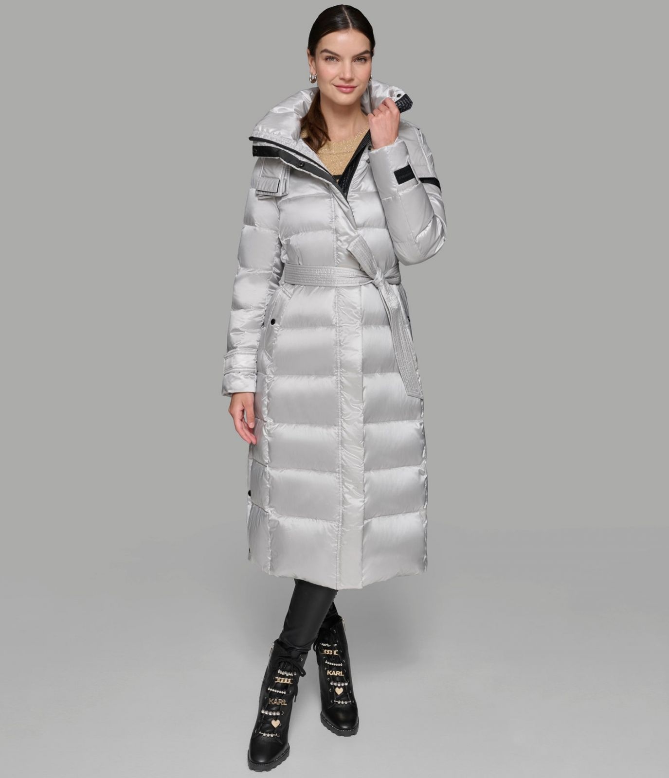 Karl Lagerfeld dlouhá zimní péřová, bunda, kabát Contrast stříbrný M