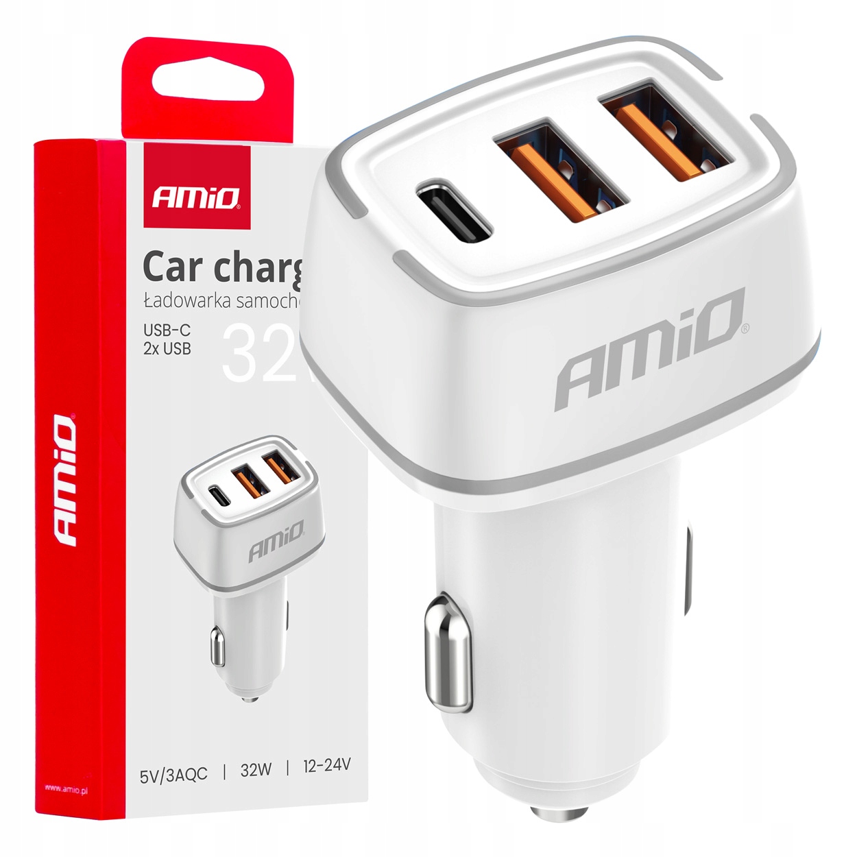 Ładowarka samochodowa do auta samochodu 2x Usb-a Usb-c 32W AMIO-03890