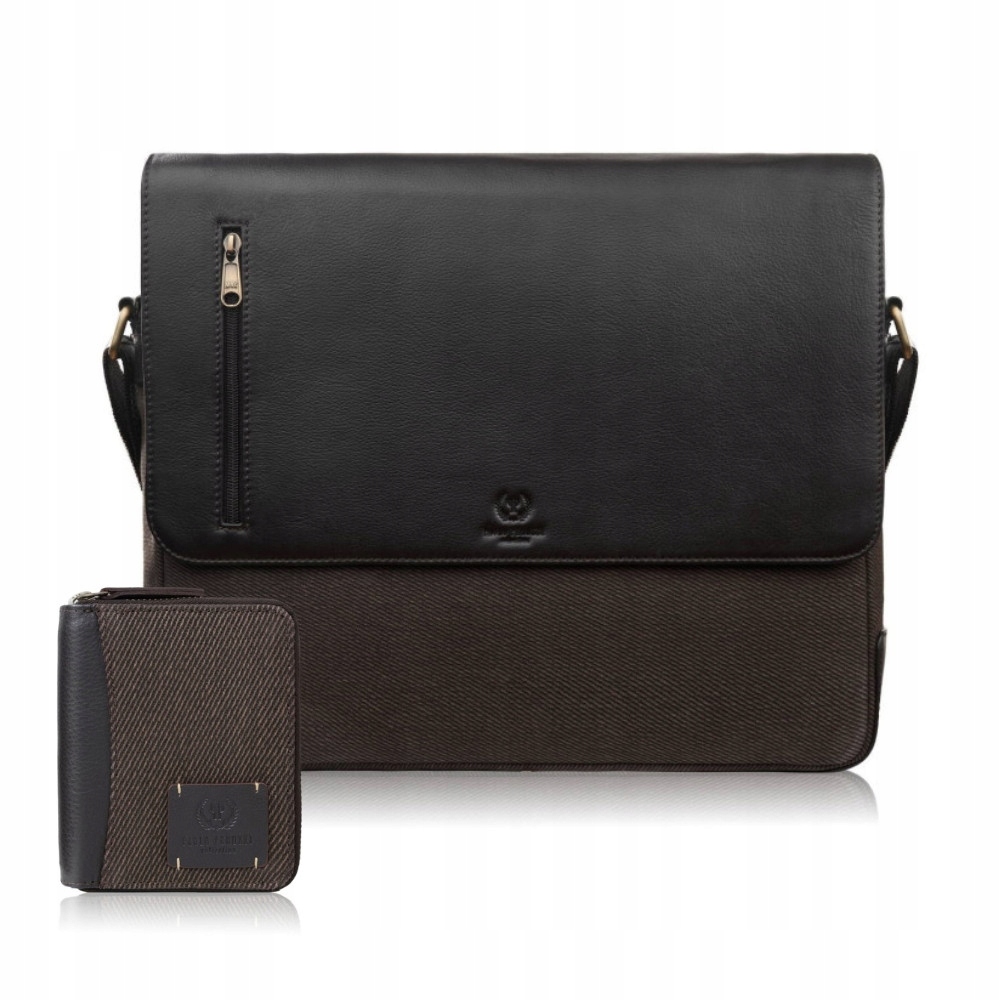 Pánská taška přes rameno a pánská peněženka z kůže a plátna, dárková sada